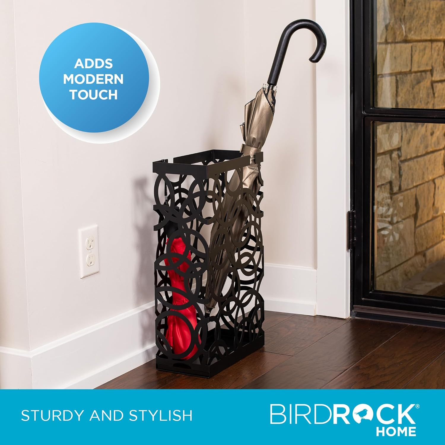 BIRDROCK HOME Decorative Umbrella Stand with Removable Water Tray - Large Metal Umbrella Rack and Cane Walking Stick Organizer for Entryway - Umbrella Holder for Indoor & Outdoor - Black, Circle