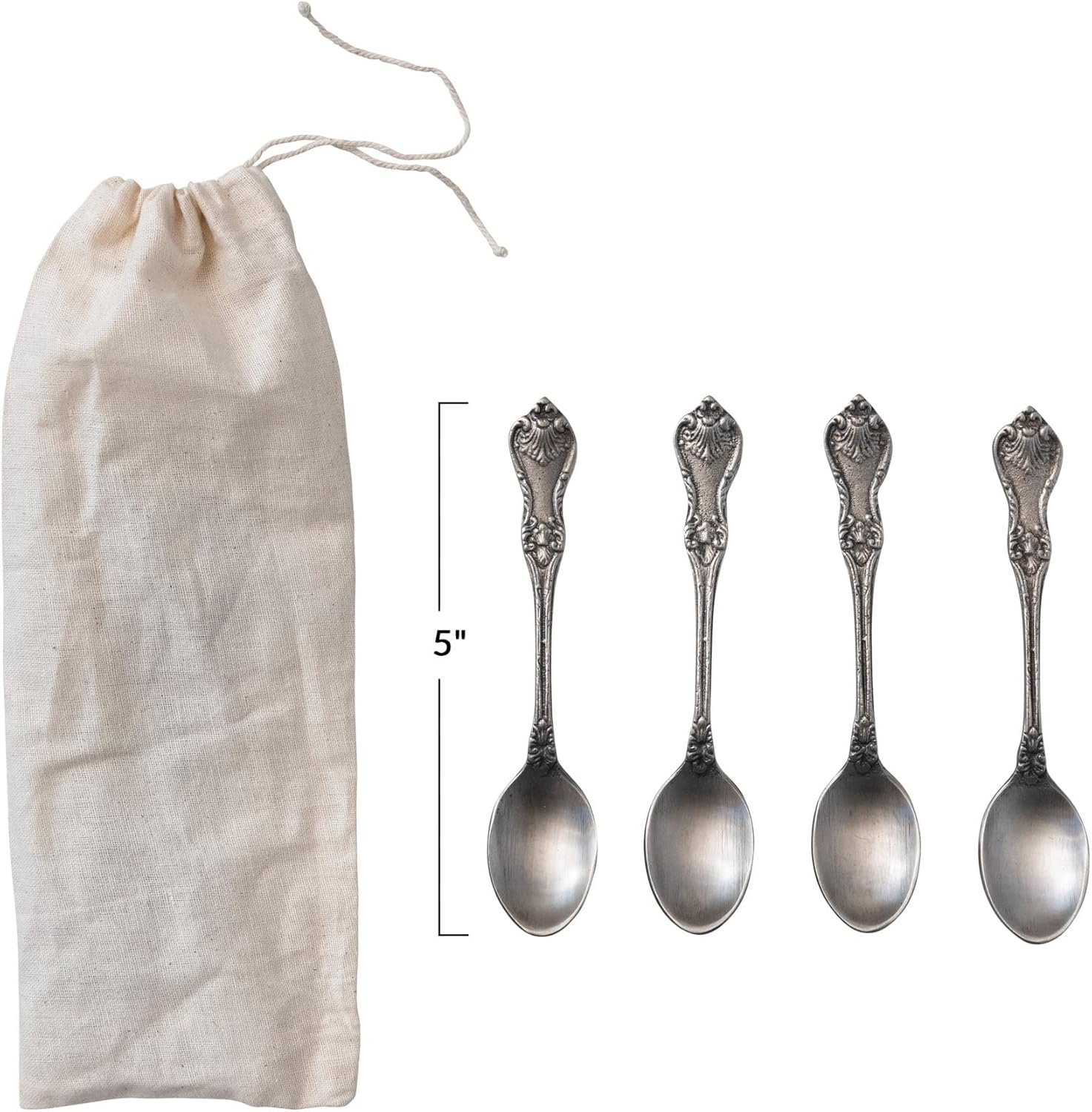 Creative Co-Op Vintage Embossed Brass Drawstring Bag, Set of 4, Antique Silver Finish Spoon
