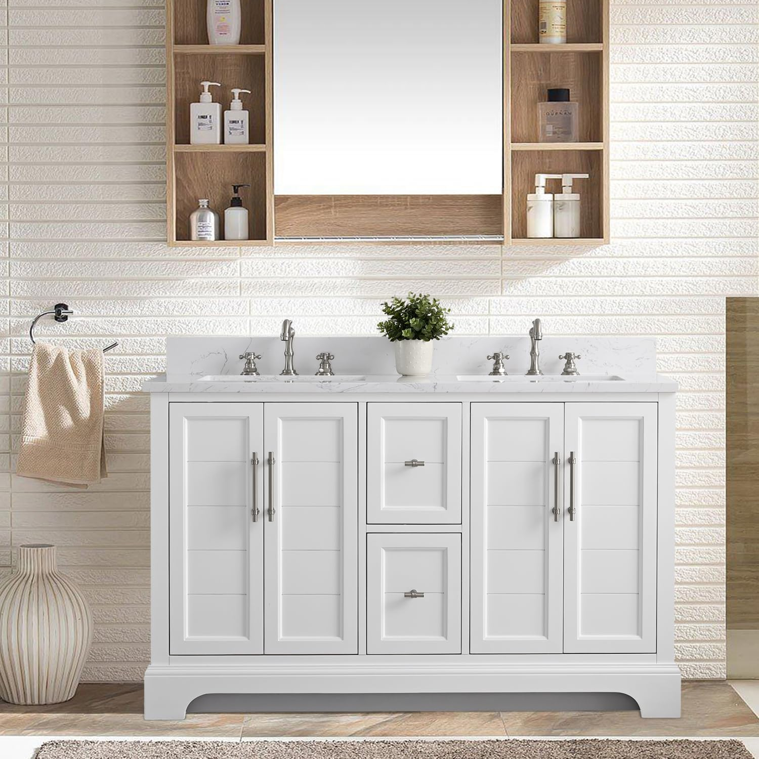 Vanity Art VA5054-W 54 x 22 x 34 in. Single Sink Bathroom Vanity with Quartz Top & Backsplash, White