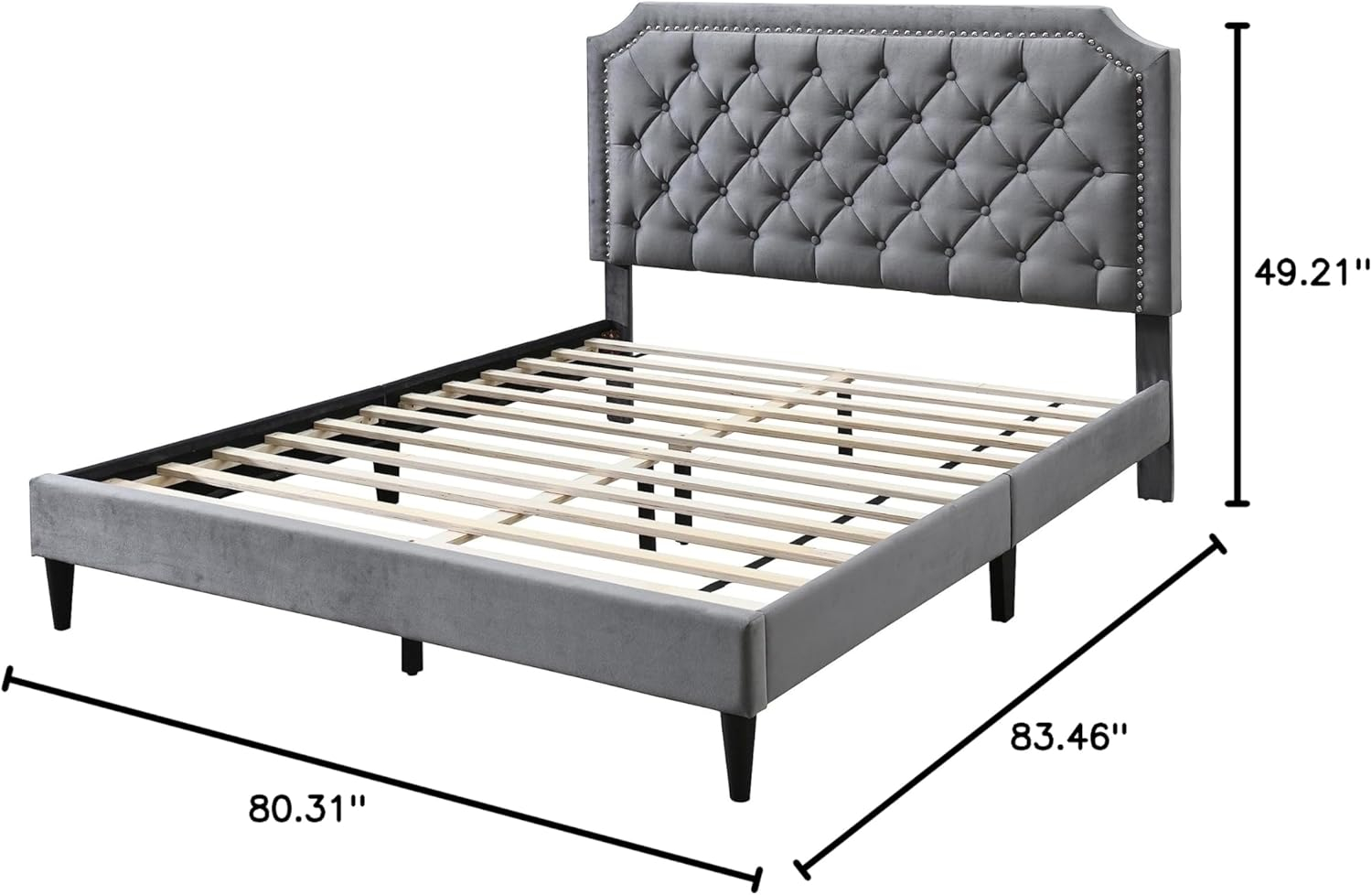 Urban Home Furniture Ava Plush Velvet Tufted Buttoned Upholstered Headboard Clipped Edge Nailhead Decorated Platform Bed Frame with Wood Slats Support Legs Queen - Charcoal Grey
