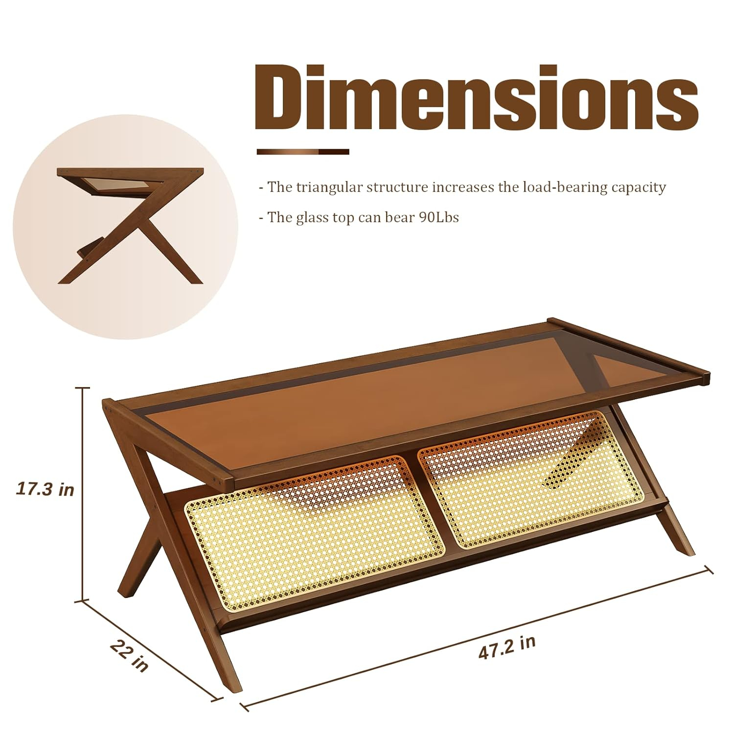 Bamworld Mid-Century Modern Coffee Table with Glass Top Rattan Center Table with Storage for Living Room Table Brown