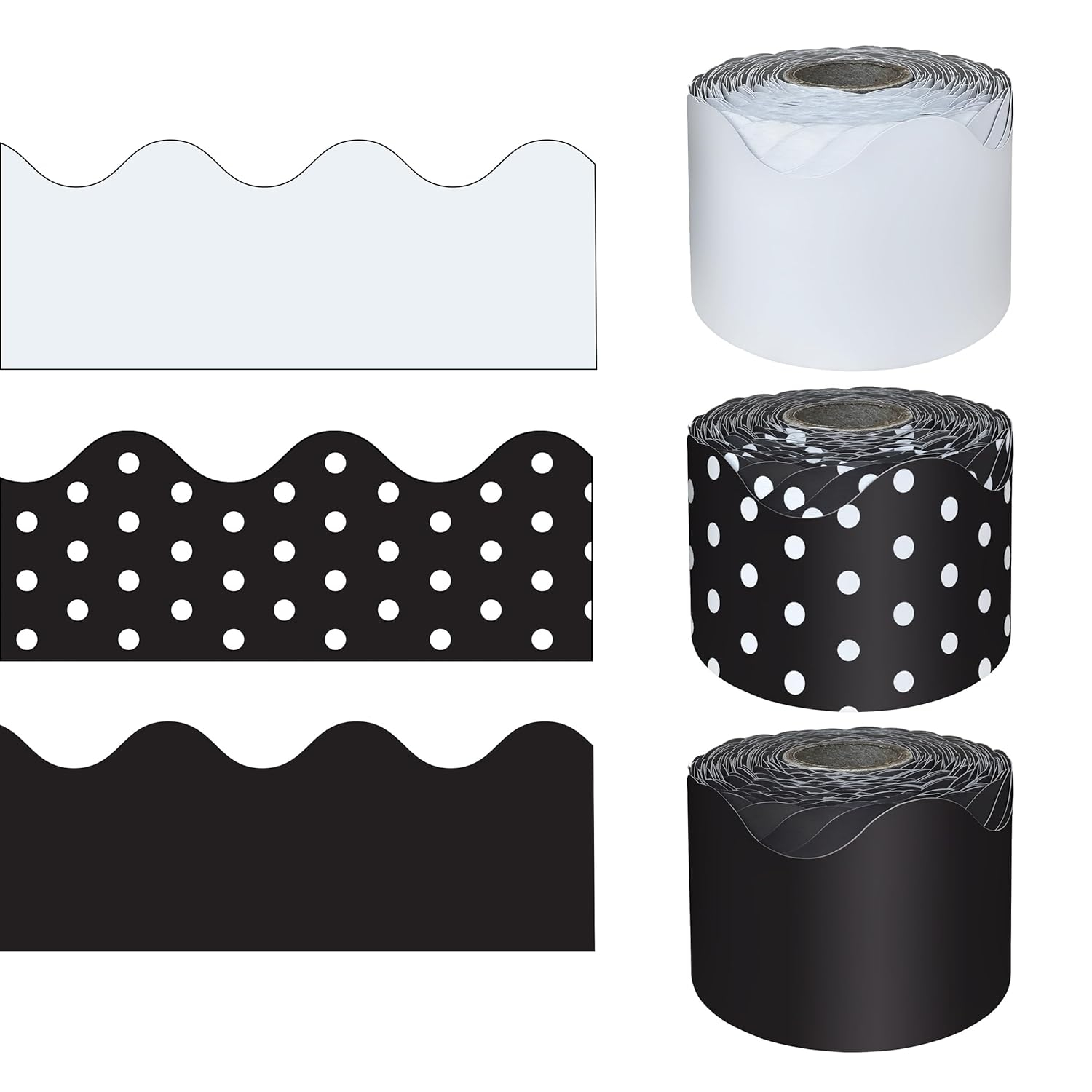 Carson Dellosa 3 Rolls of 195 Ft of Scallop Black and White Bulletin Board Borders Bundle, Classroom Borders for Bulletin, 65 Ft Per Bulletin Board Trim Roll