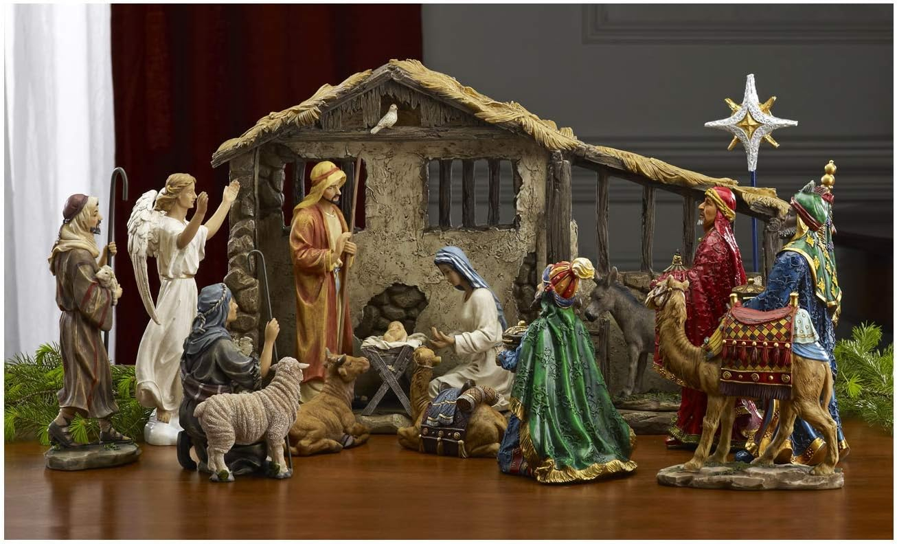 Deluxe Edition 16 Piece 10 Inch Christmas Nativity Set with Real Frankincense Gold and Myrrh.