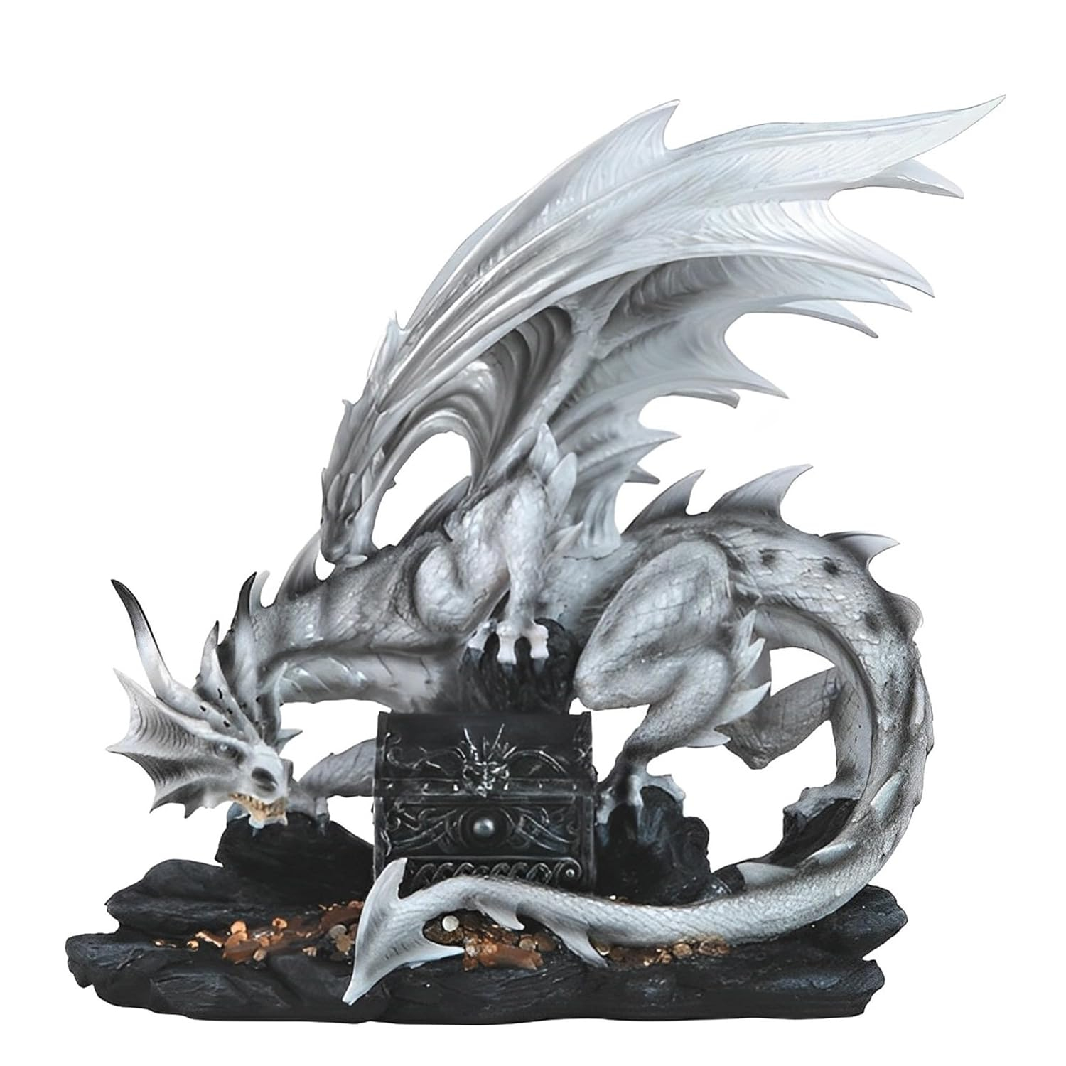 ICE ARMOR 20" W Medieval White Dragon with Treasure Chest Statue Fantasy Decoration Figurine Large Sculpture