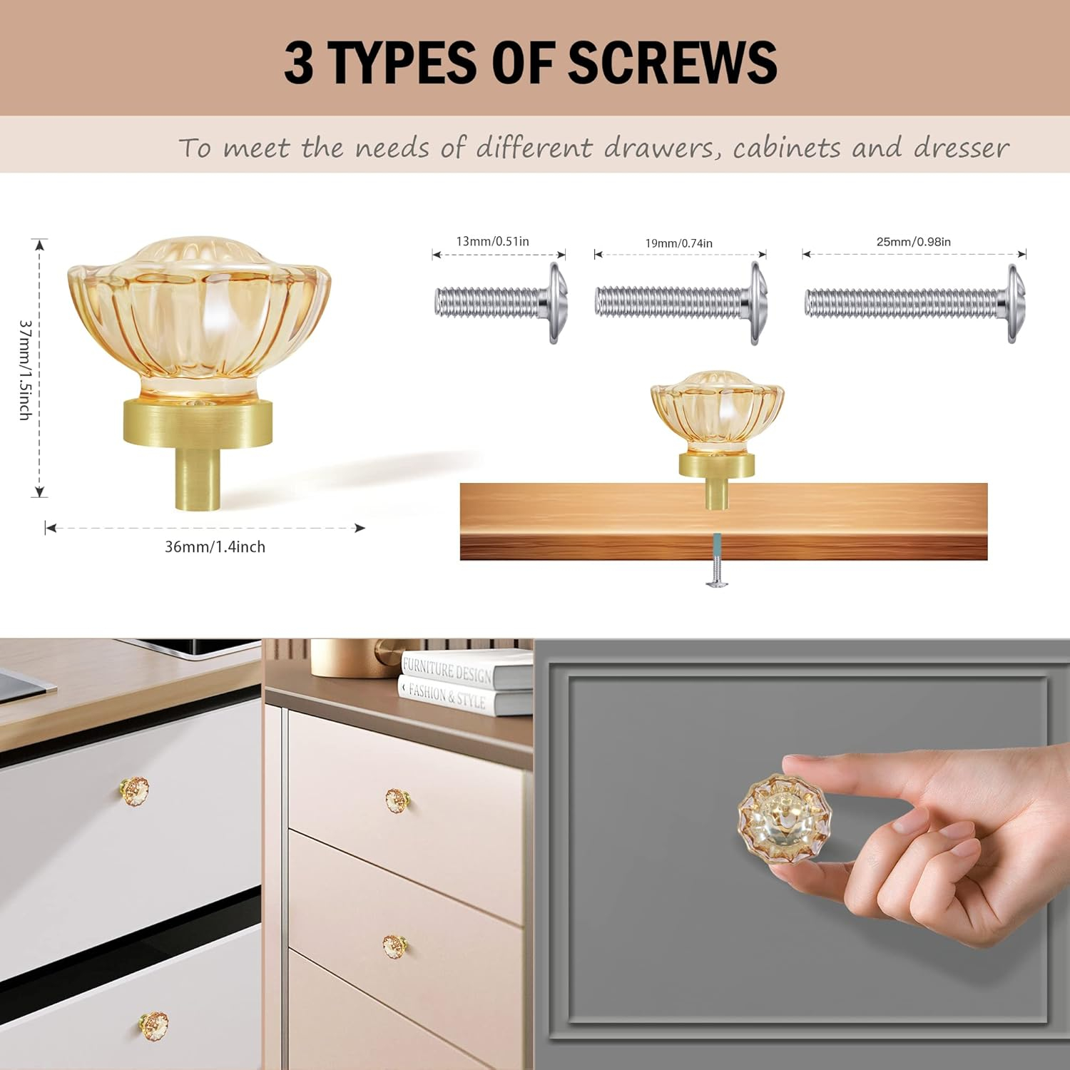 Champagne Crystal Cabinet Knobs and Pulls 8 Pack,Glass Knobs for Dresser Drawers with Satin Brass/Brushed Gold Base