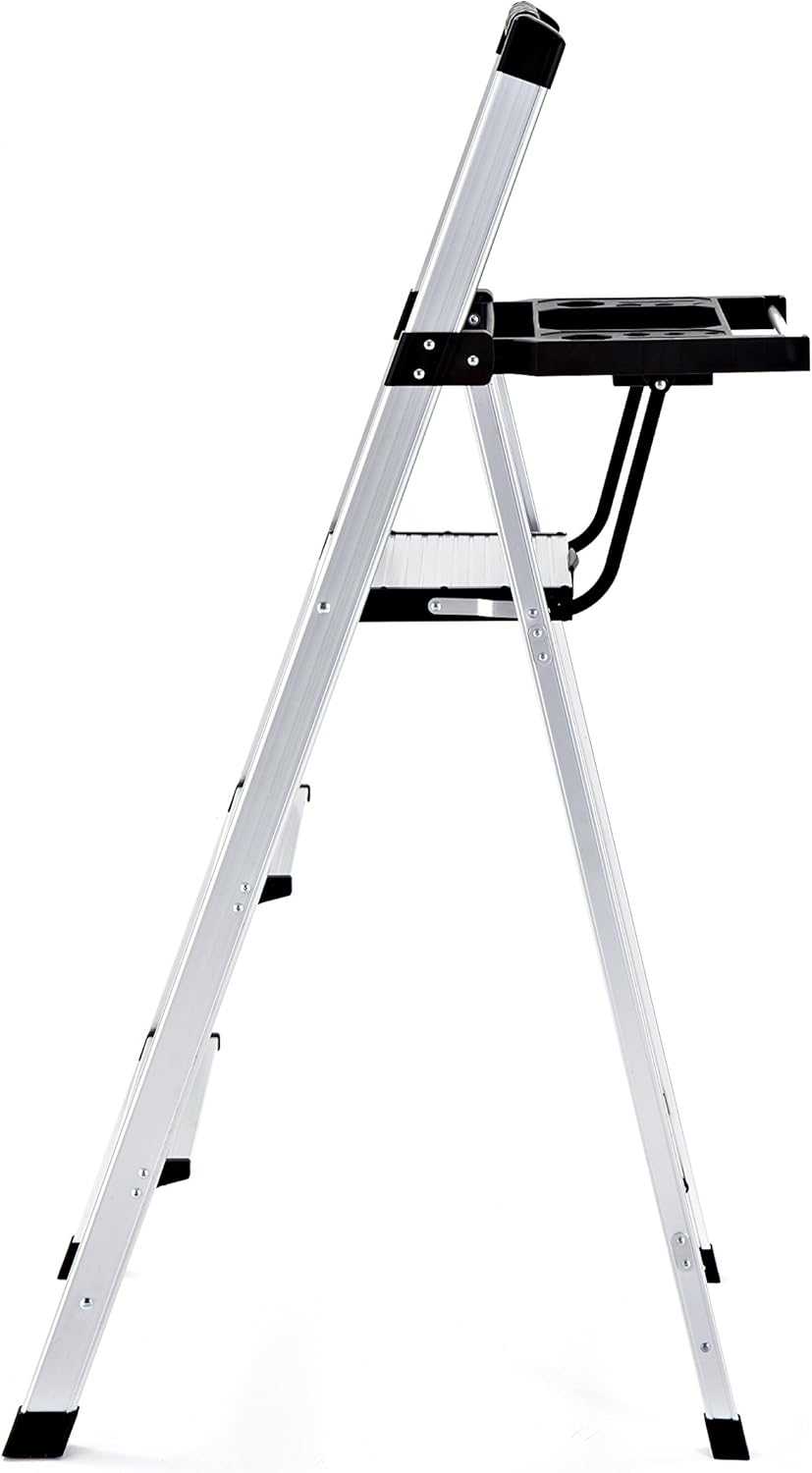 Rubbermaid 3-Step Ladder, Aluminum Lightweight Folding Step Stool with Project Tray, Silver, Tested to US Safety Standards, No Assembly Required