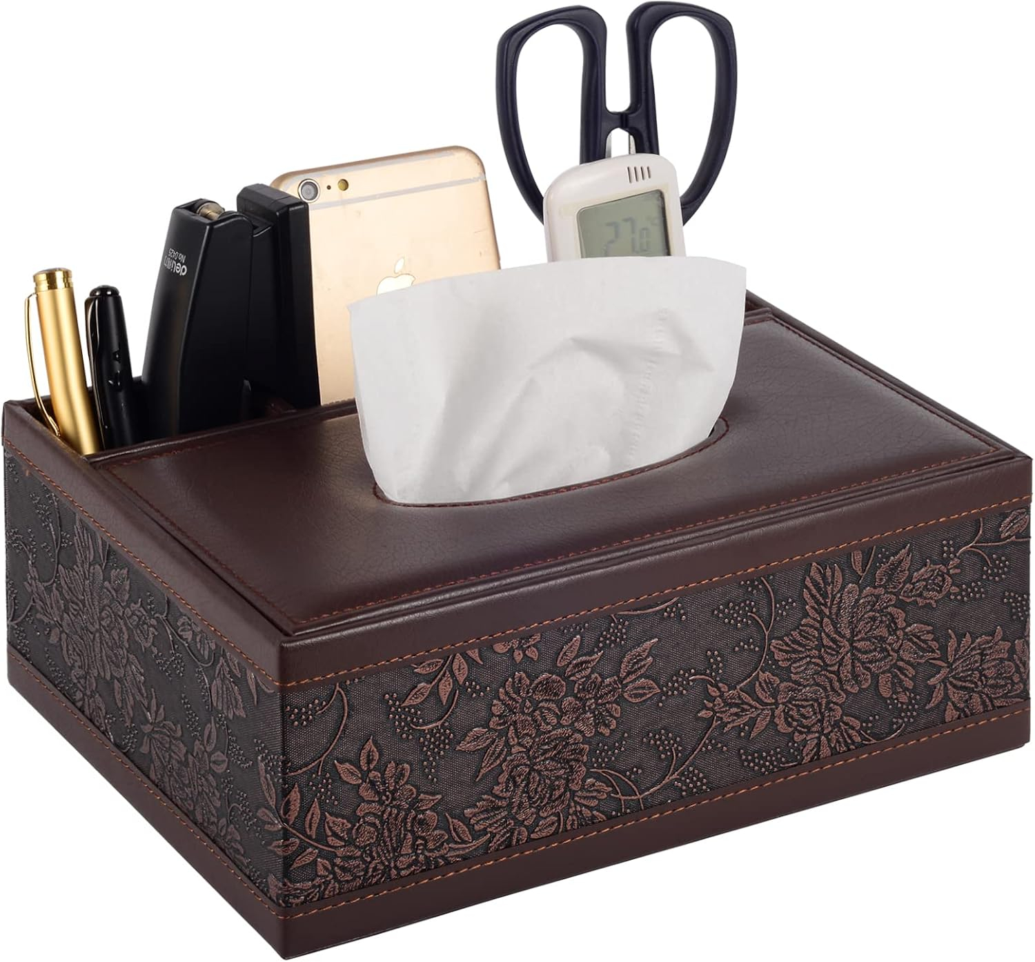 Multifunction PU Leather Tissue Box Holder/Cover Rectangular Upgrade Large Size Stationery Napkin Remote Control Storage Box,Facial Tissue Dispenser Organizer Caddy Home Office Supplies (Retro)