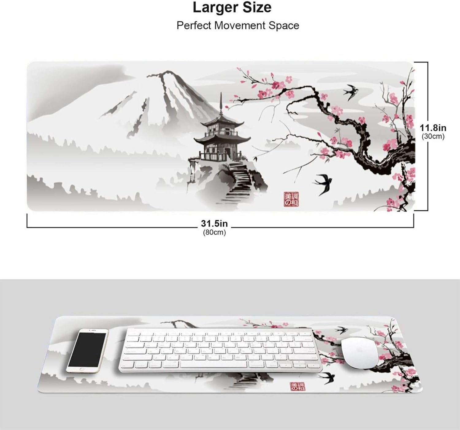 Japanese Cherry Blossom White Gaming Mouse Pad XL, Extended Large Mouse Mat Desk Pad, Stitched Edges Mousepad, Long Nonslip Rubber Base Mice Pad, 31.5 X 11.8 Inch