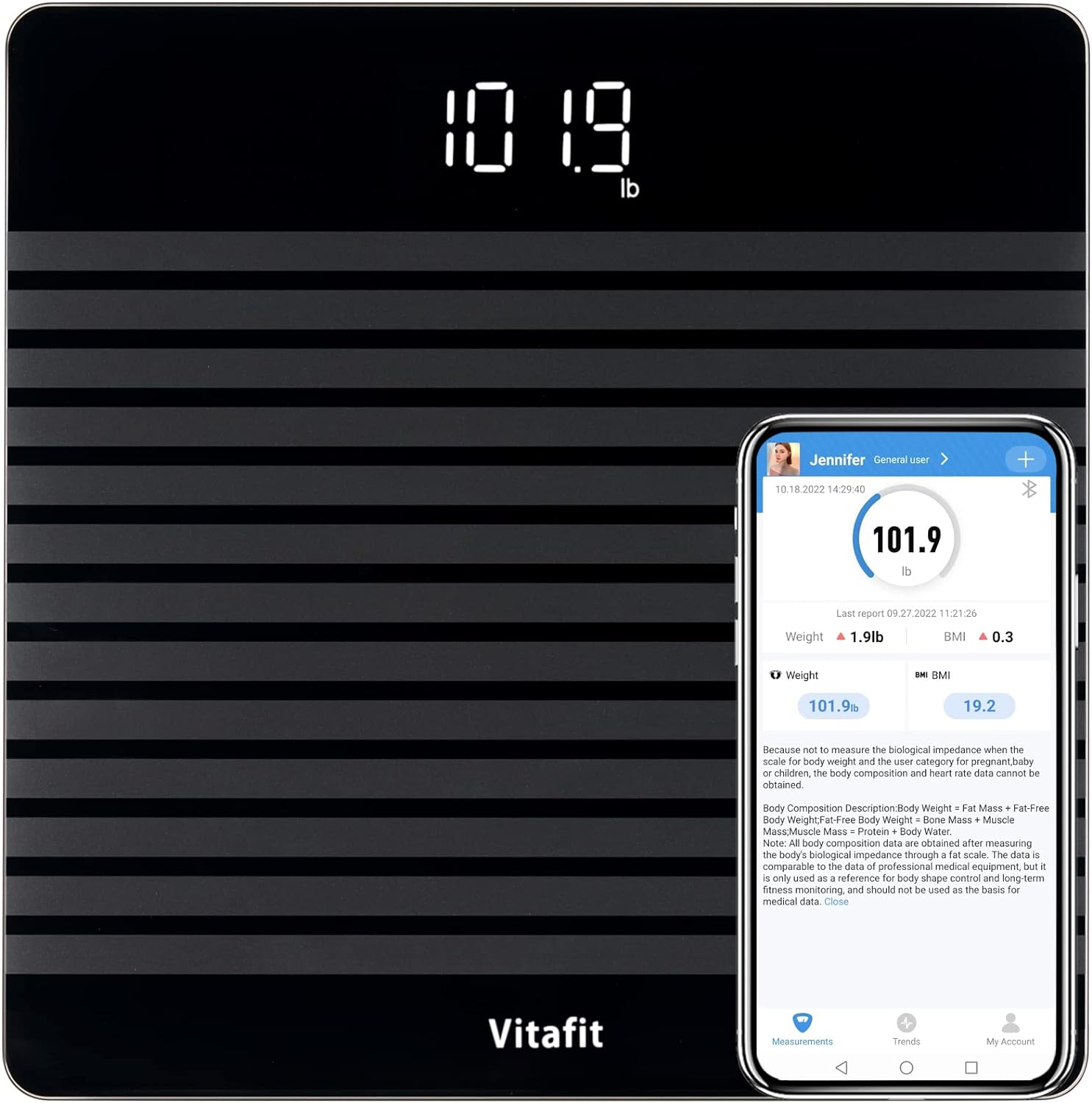 Vitafit Anti-Slip Smart Digital Bathroom Scale for Body Weight, FSA HSA Store Eligible, High Accuracy Assured by Weighing Professional Since 2001, BMI with App,Black