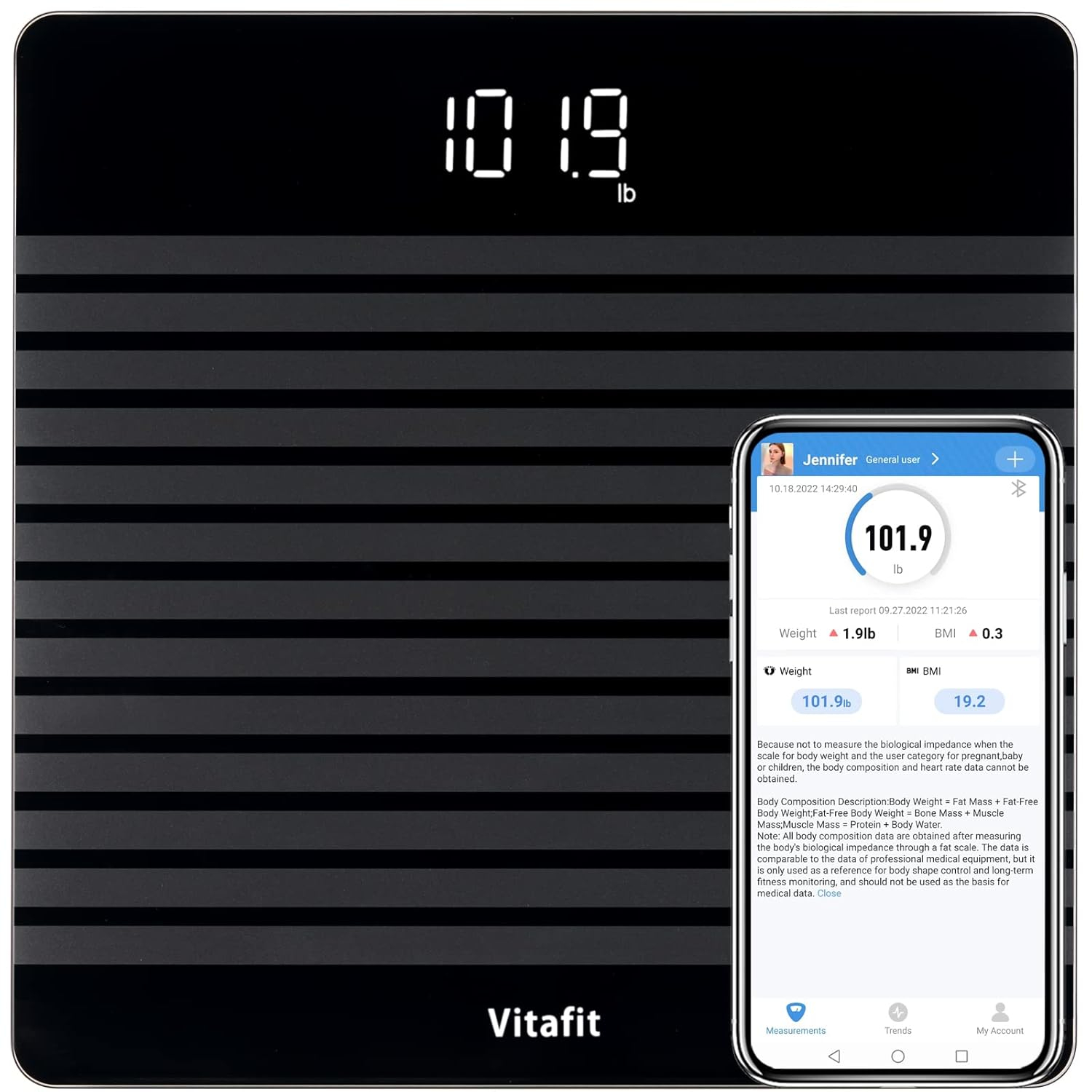 Vitafit Anti-Slip Smart Digital Bathroom Scale for Body Weight, FSA HSA Store Eligible, High Accuracy Assured by Weighing Professional Since 2001, BMI with App,Black