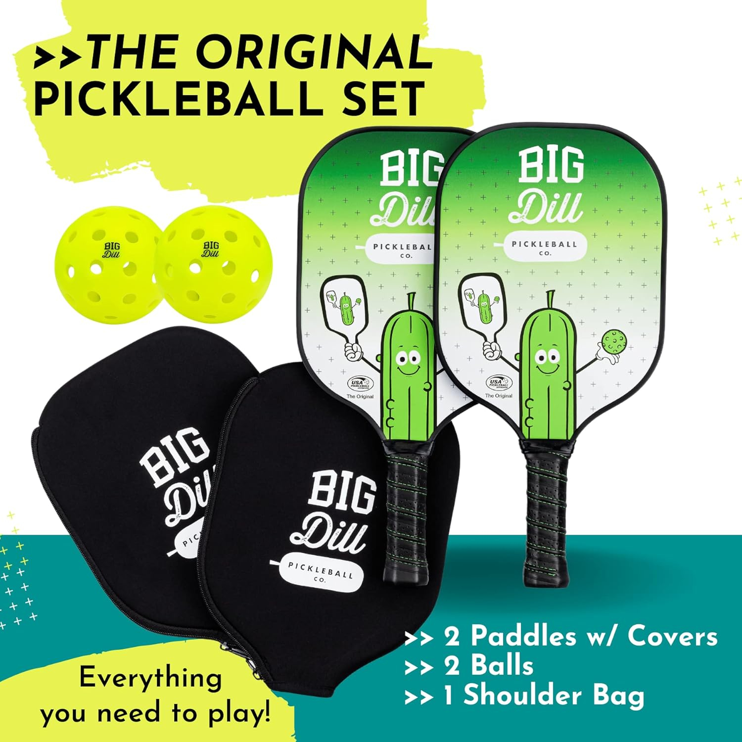 Big Dill Pickleball Co. Original Graphite Carbon Fiber Pickleball Paddles Set of 2 Paddles with Covers, 2 Pickleballs & Bag — Top-Rated Pickleball Set