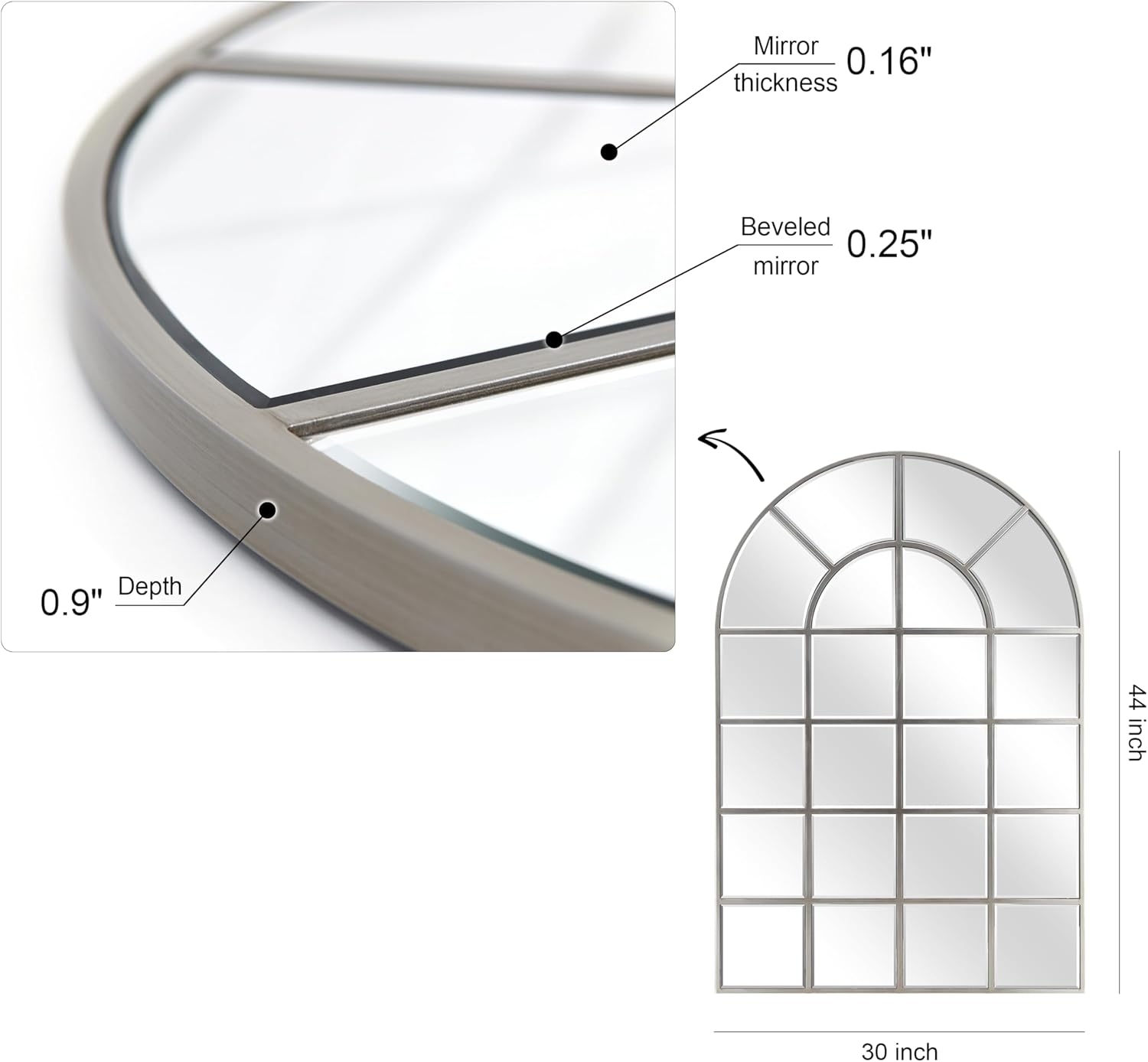 Empire Art Direct  30 x 44 in. MDF Base Covered with Beveled Arch Window Wall Mirror - 0.25 in. Beveled Edge