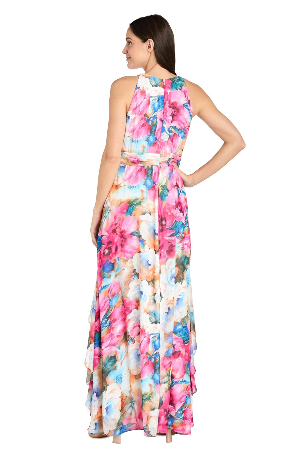 Vibrant Floral Chiffon Halter Maxi Dress with Ruffle Hem
