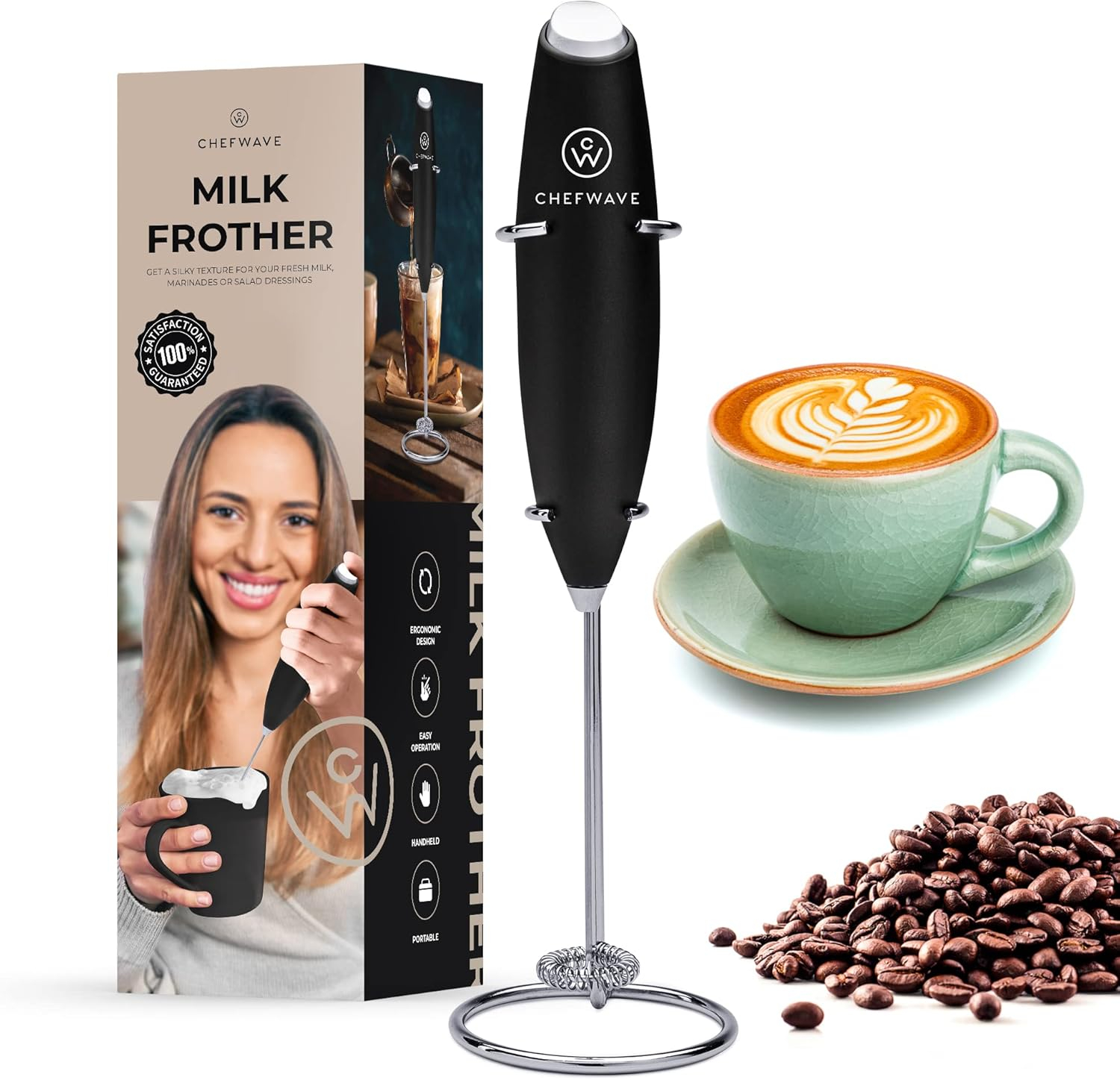 ChefWave Handheld Milk Frother (Black) with Stand - Stainless Steel Drink Mixer - Milk Foamer for Coffee, Lattes, Cappuccino, Frappe, Matcha, Hot Chocolate