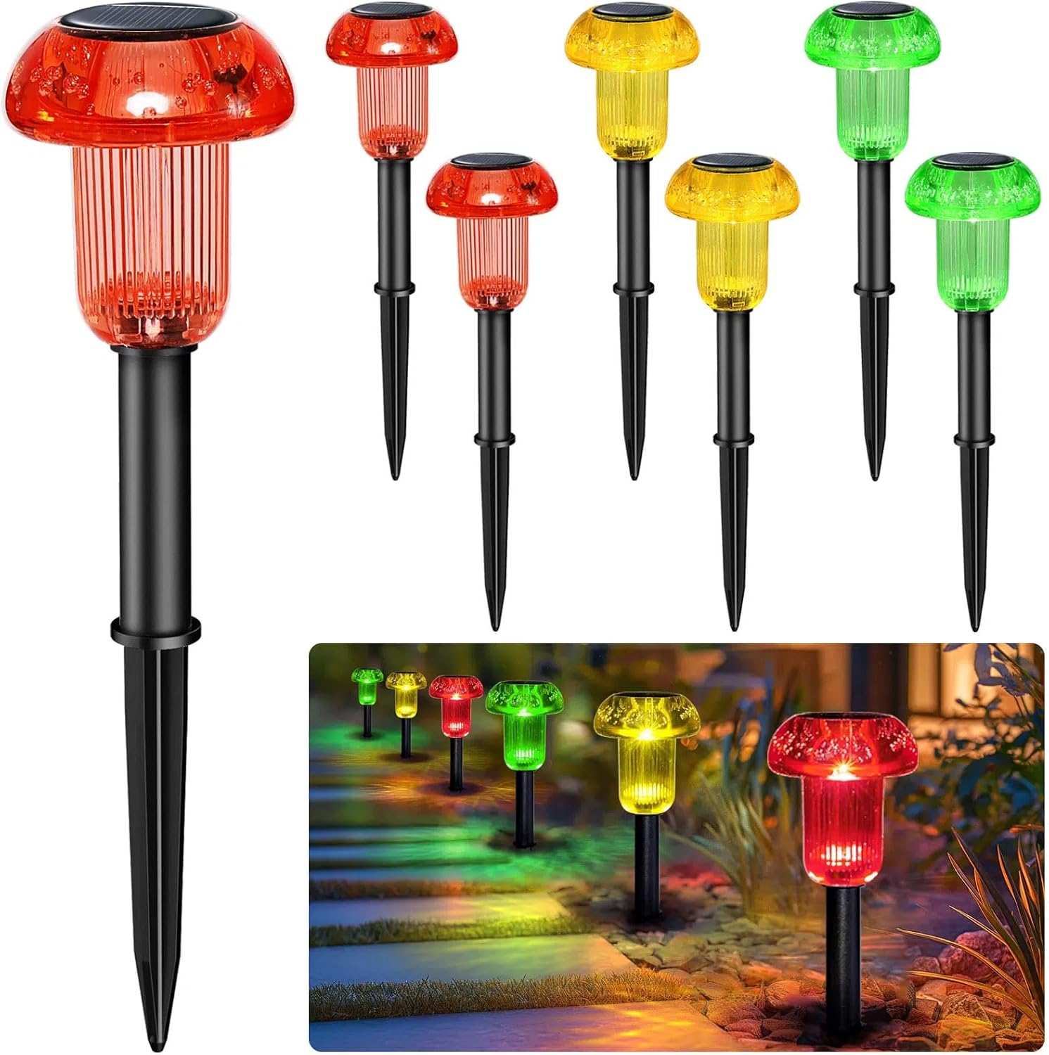 Solar Pathway Lights Outdoor - Red Yellow Green 3 Colors 6PK Mushroom Solar Pathway Lights IP65 Waterproof Solar Lights for Outside Patio Decor Yard Walkway and Landscape, T62S6-RYG-MIX
