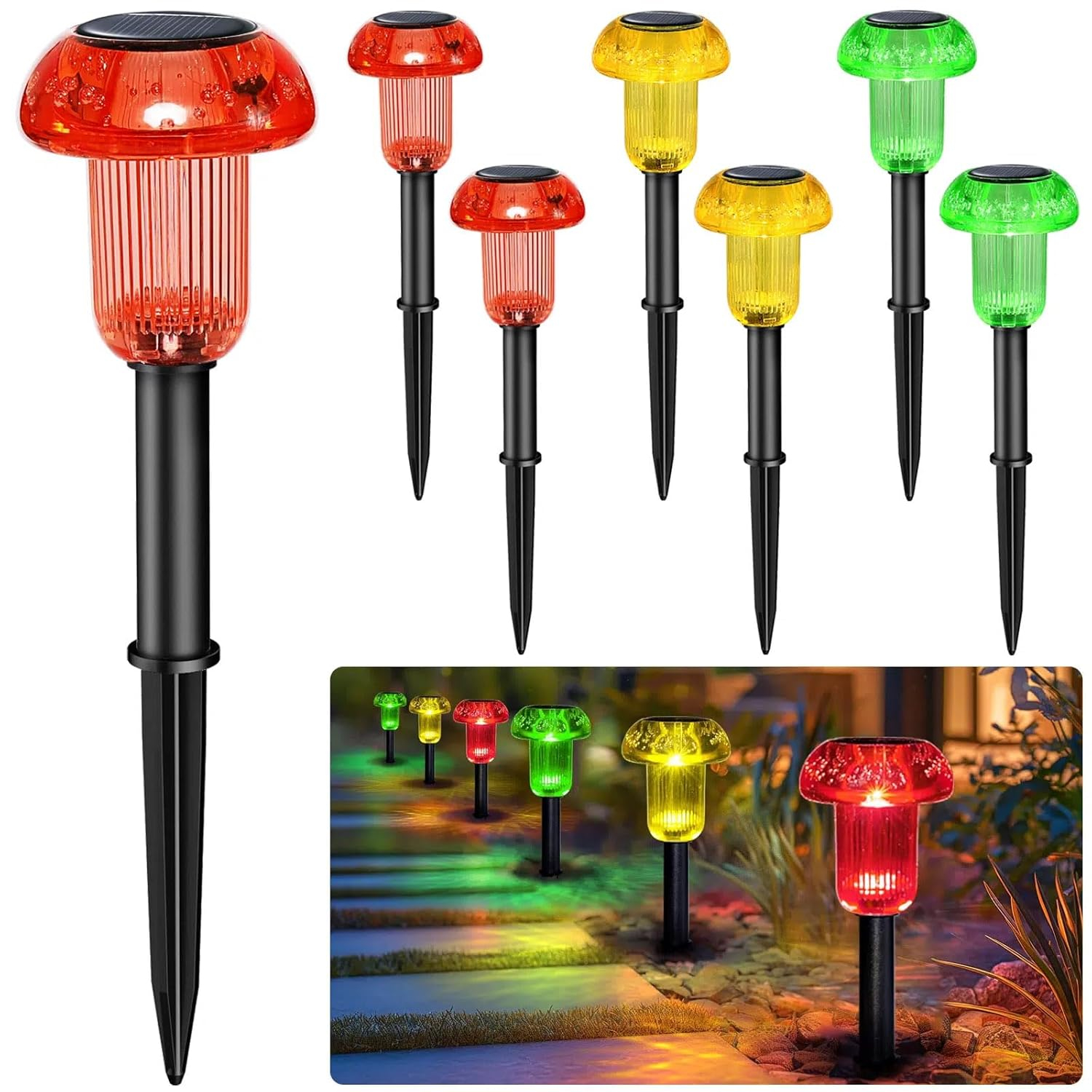 Solar Pathway Lights Outdoor - Red Yellow Green 3 Colors 6PK Mushroom Solar Pathway Lights IP65 Waterproof Solar Lights for Outside Patio Decor Yard Walkway and Landscape, T62S6-RYG-MIX