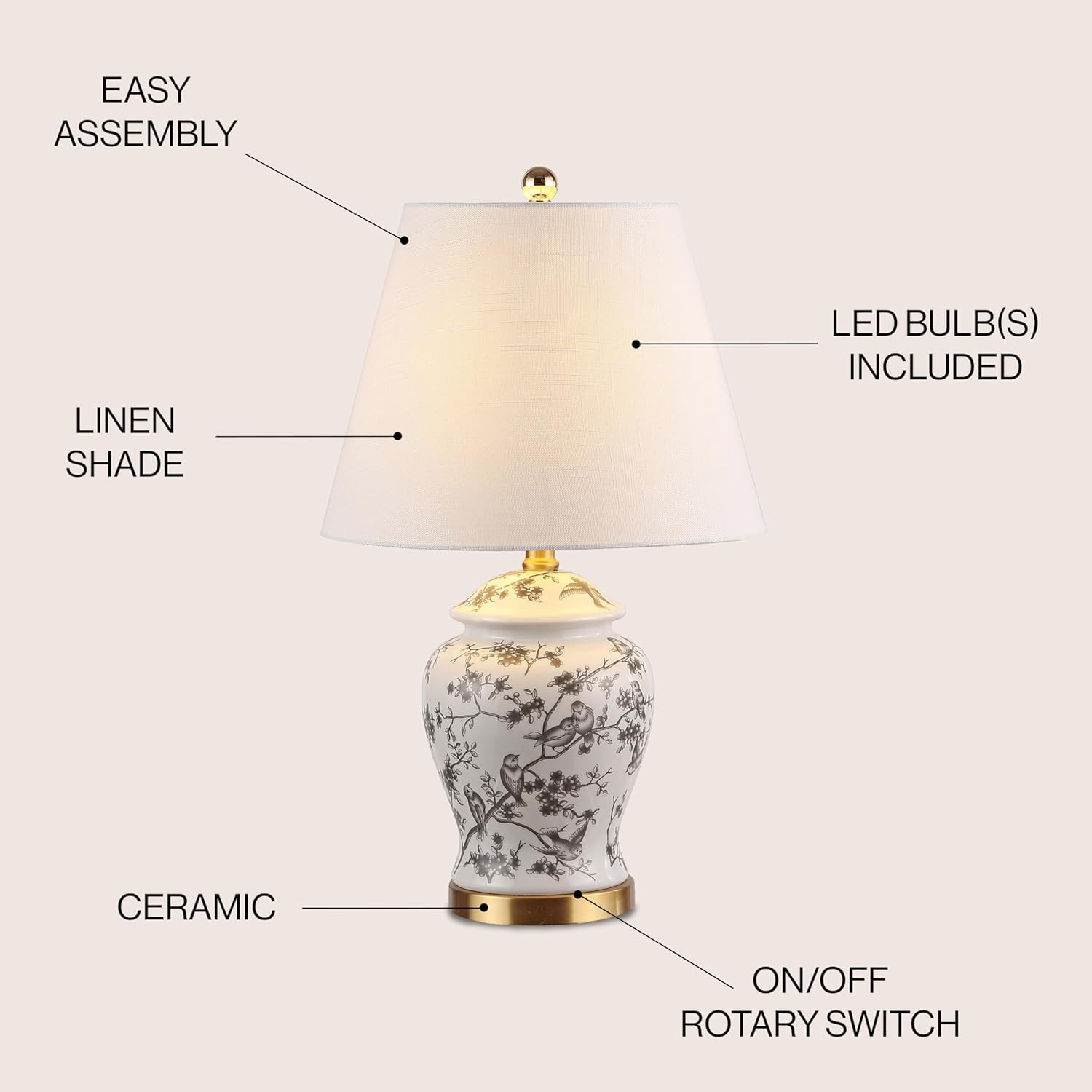 JONATHAN Y JYL3005C Penelope 22" French Country Cottage Ceramic/Iron Chinoiserie Ginger Jar LED Table Lamp, Classic for living room, dinning room, bedroom Bulb Included, Gray/White