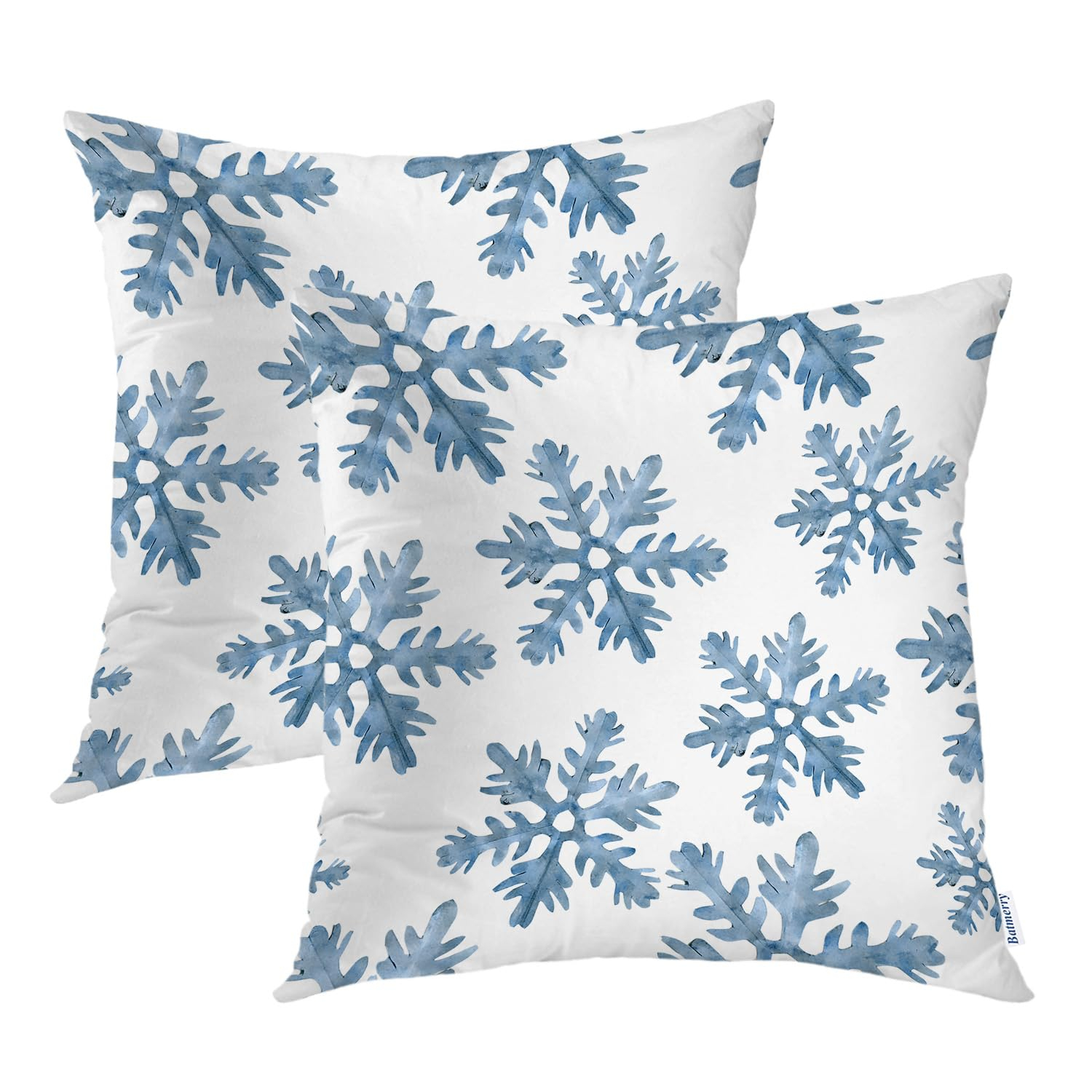Batmerry Christmas Blue Decorative Pillow Covers, 16 x 16 Inch Blue Snow Winter with Snowflakes Falling White Crystal Double Sided Throw Pillow Covers Sofa Cushion Cover Square 16 Inches(Set of 2)
