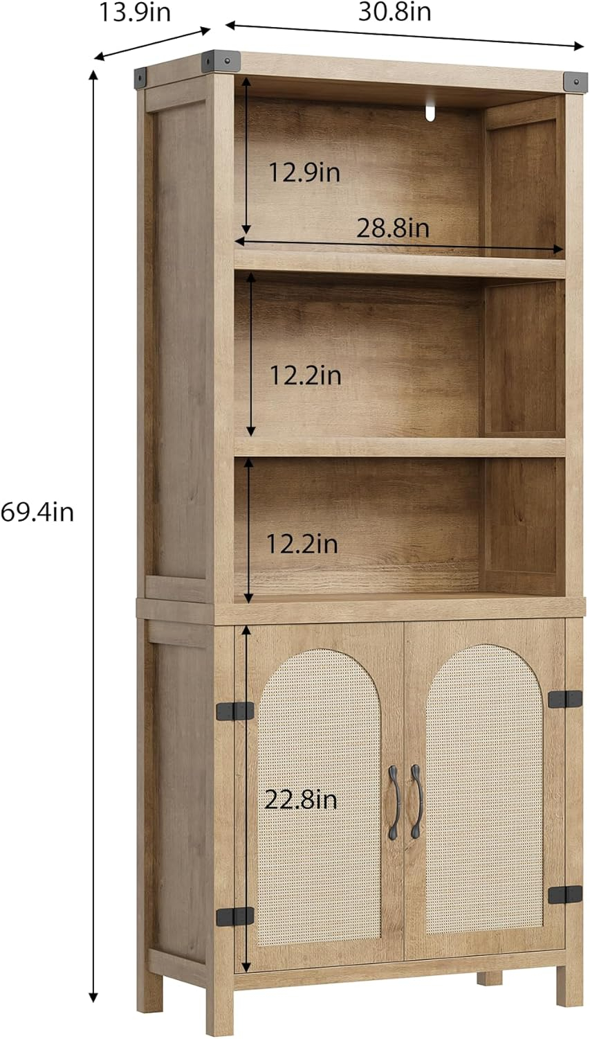 Rustic Bookshelves and Bookcases with Doors, Wooden 3 Shelf Bookshelves with Cabinets, 70" Tall Floor Standing Display Storage Shelves for Bedroom, Office, Living Room