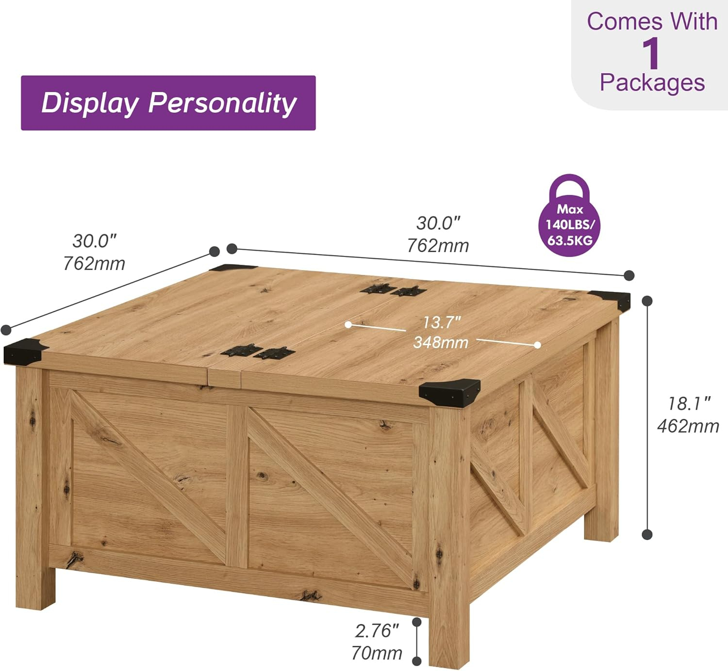 WAMPAT Square Farmhouse Coffee Table with Storage for Living Room, 30x30 inch Wooden Dining Center Table with Gas Spring Flip-Top for Large Hidden Storage, Metal Wrapped Table Corners,Oak