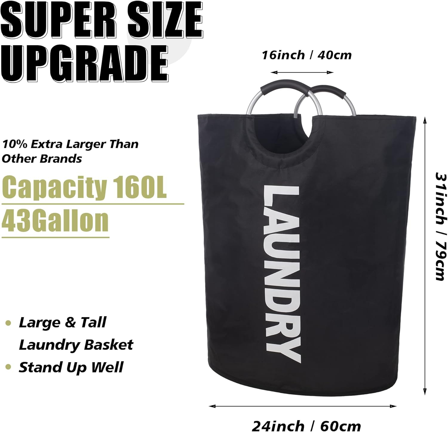 Twira 160L XX-Large Laundry Baskets, Laundry Hamper Stands Up Well, Laundry Bag with Padded Handles, Waterproof Laundry Basket Collapsible, Clothes Hamper for Bathroom, Laundry, College (Black)