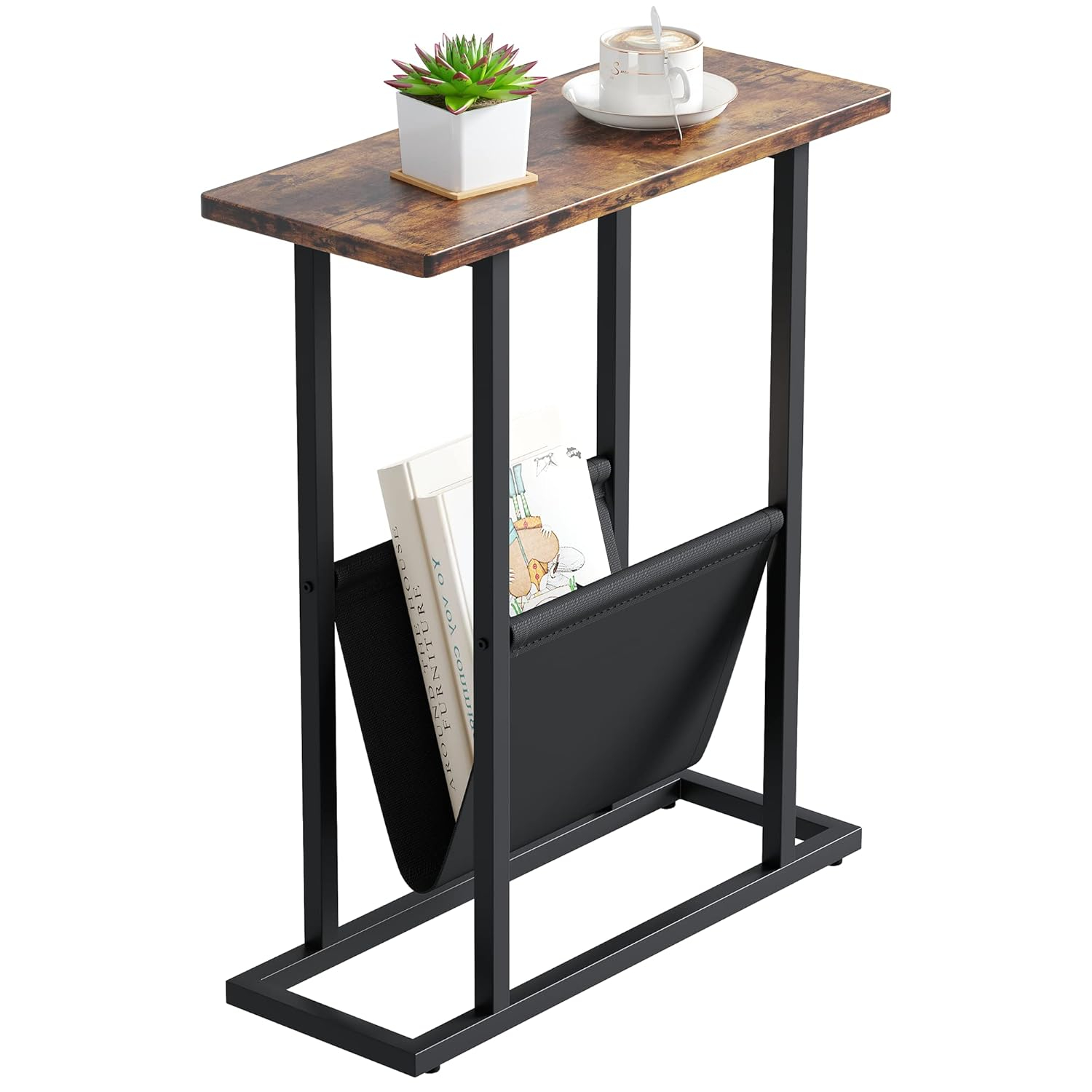 Narrow Side Table, Nightstand with Storage Shelf, Slim Magazine Table for Small Spaces, Narrow Side Snack Couch, End Table for living room, bedroom, hallway, Rustic Brown