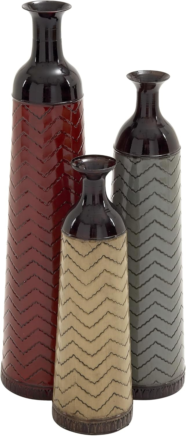DecMode 32", 27", 22"H Tall Enameled Bottleneck Floor Multi Colored Metal Vase with Chevron Pattern, Set of 3