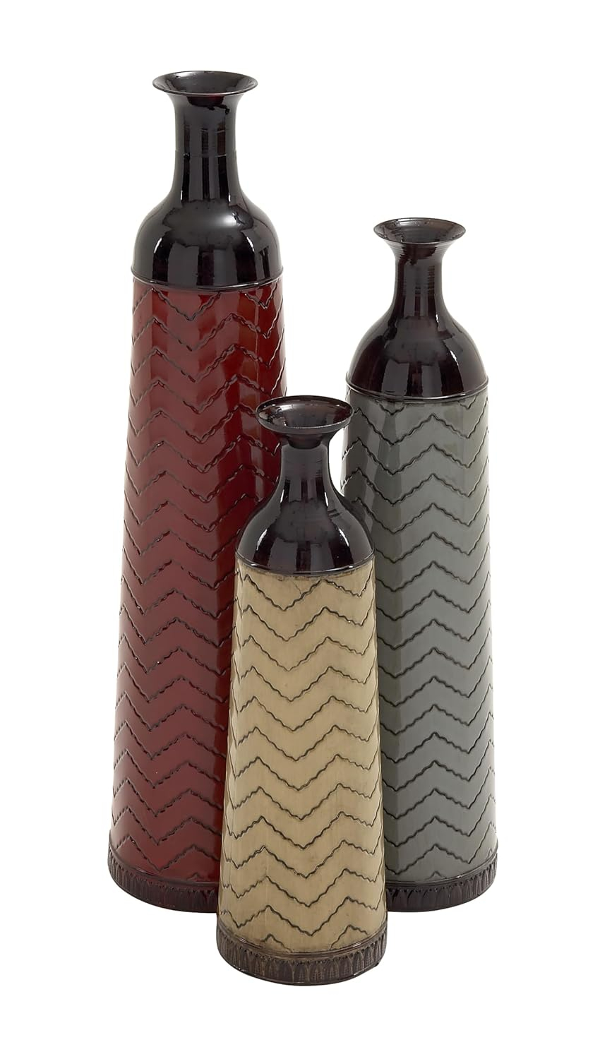 DecMode 32", 27", 22"H Tall Enameled Bottleneck Floor Multi Colored Metal Vase with Chevron Pattern, Set of 3