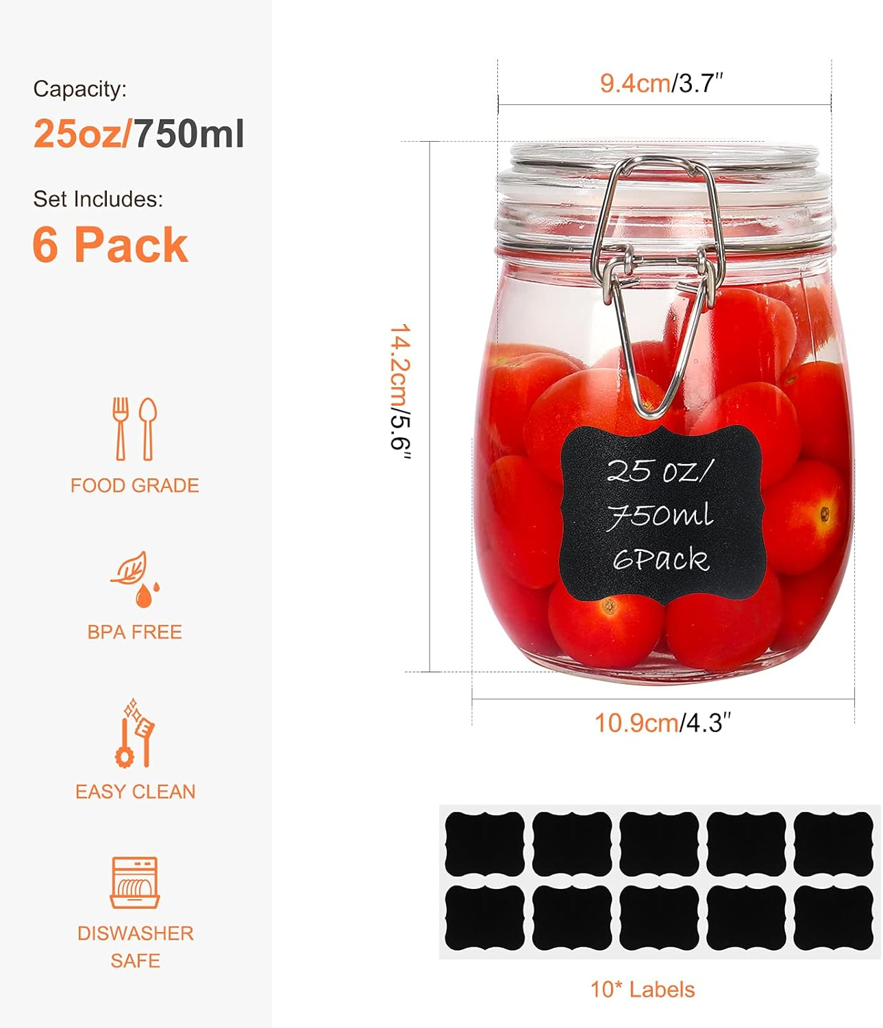 25 oz 6 Pack Clear Glass Jars With Airtight Lids and Leak Proof Rubber Gasket, 750ml Wide Mouth Storage Containers Preserving Jars, Mason Jars With Hinged Lids For Kitchen Storage Canisters