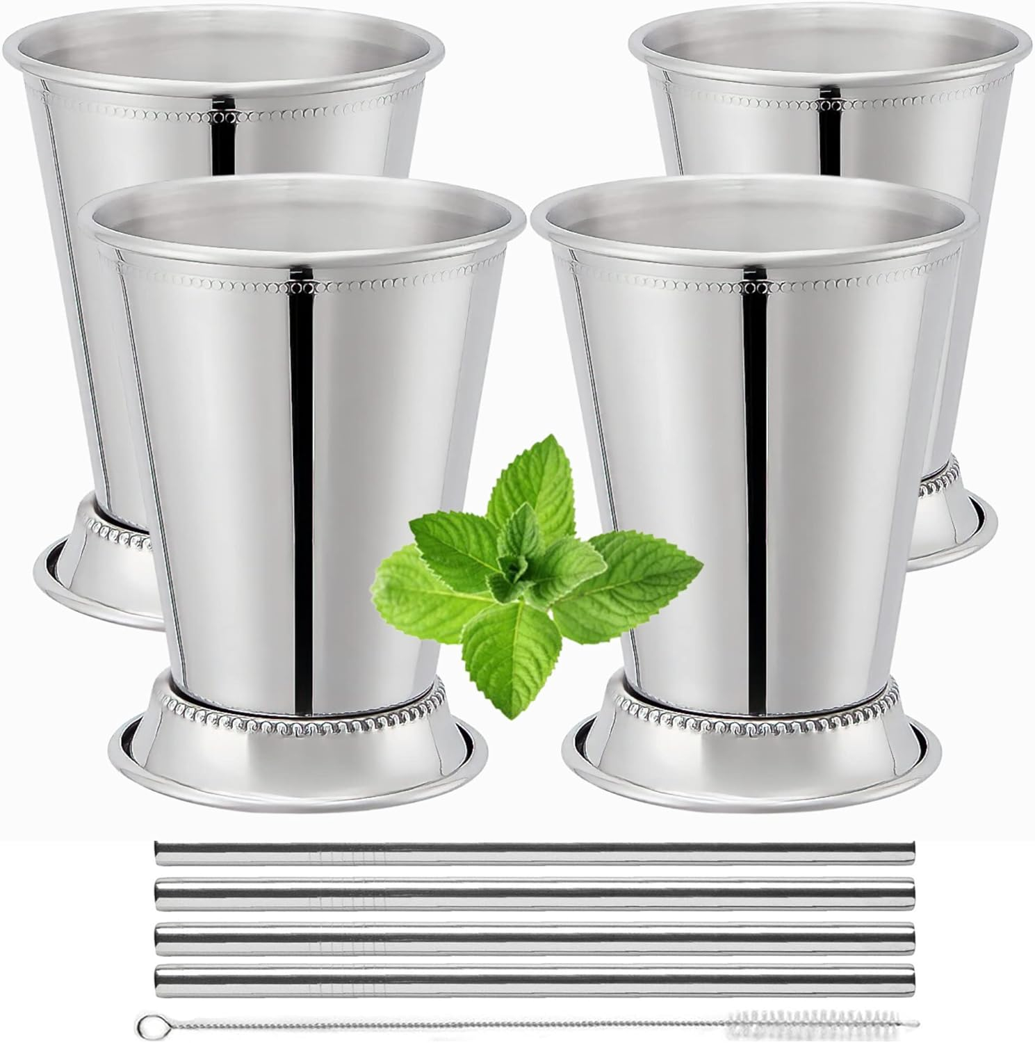 Mint Julep Cups Set of 4 with Straws - Polished Inside - 12oz Commercial Grade - Stainless Steel Mint Julep Cup - Horse Racing Derby Cups - Mint Julep Glasses are Great as Derby Party - Mint Julep Kit