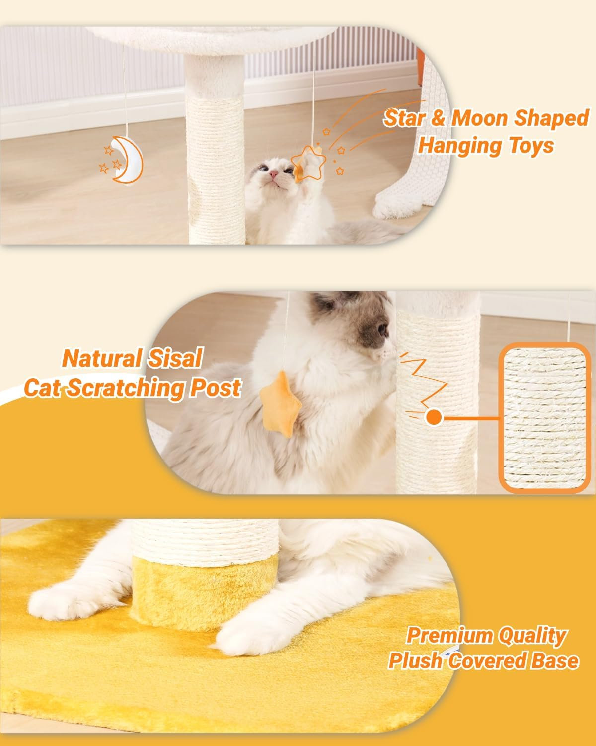 Happi N Pets 28" Large Cloud Cat Scratching Post with Bed(Ø15.3in), Cat Tree Tower for Indoor Cats, Tall Scratch Post with Natural Sisal Ropes & Soft Plush Perch, Removable Cover & Enhanced Base