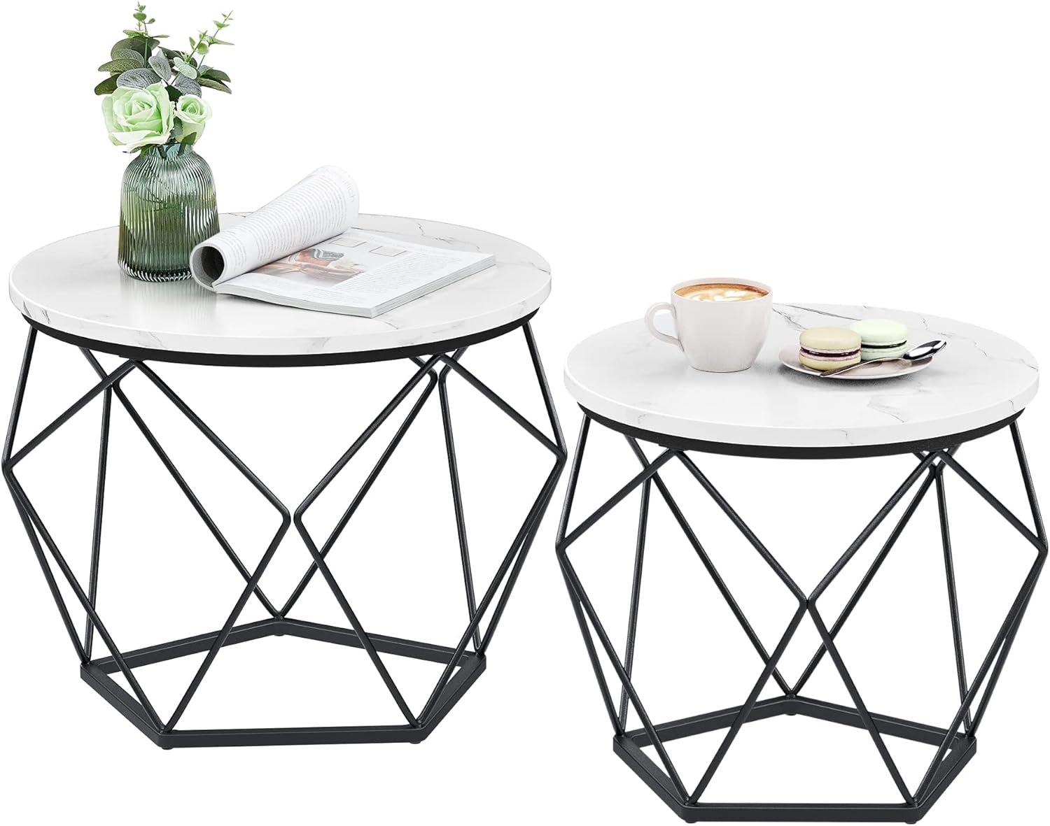 VASAGLE Small Coffee Table Set of 2, Round Coffee Table with Steel Frame, Side End Table for Living Room, Bedroom, Office, Marble White and Ink Black