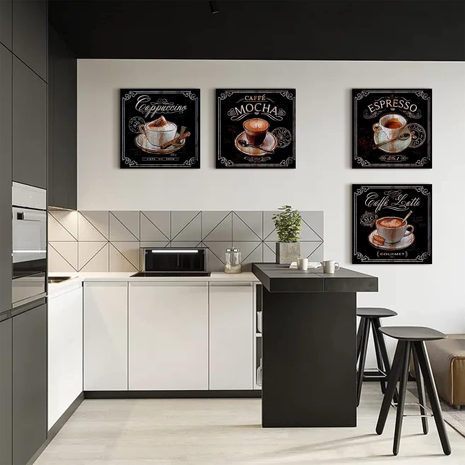 Kitchen Wall Art Coffee Wall Art Vintage Brown Black Cafe Pictures Dining Room Bar Wall Decor Fireplace Sign Bean Modern Artwork Canvas Coffee Shop Painting Family Restaurant Home Decoration 12x12" 4P