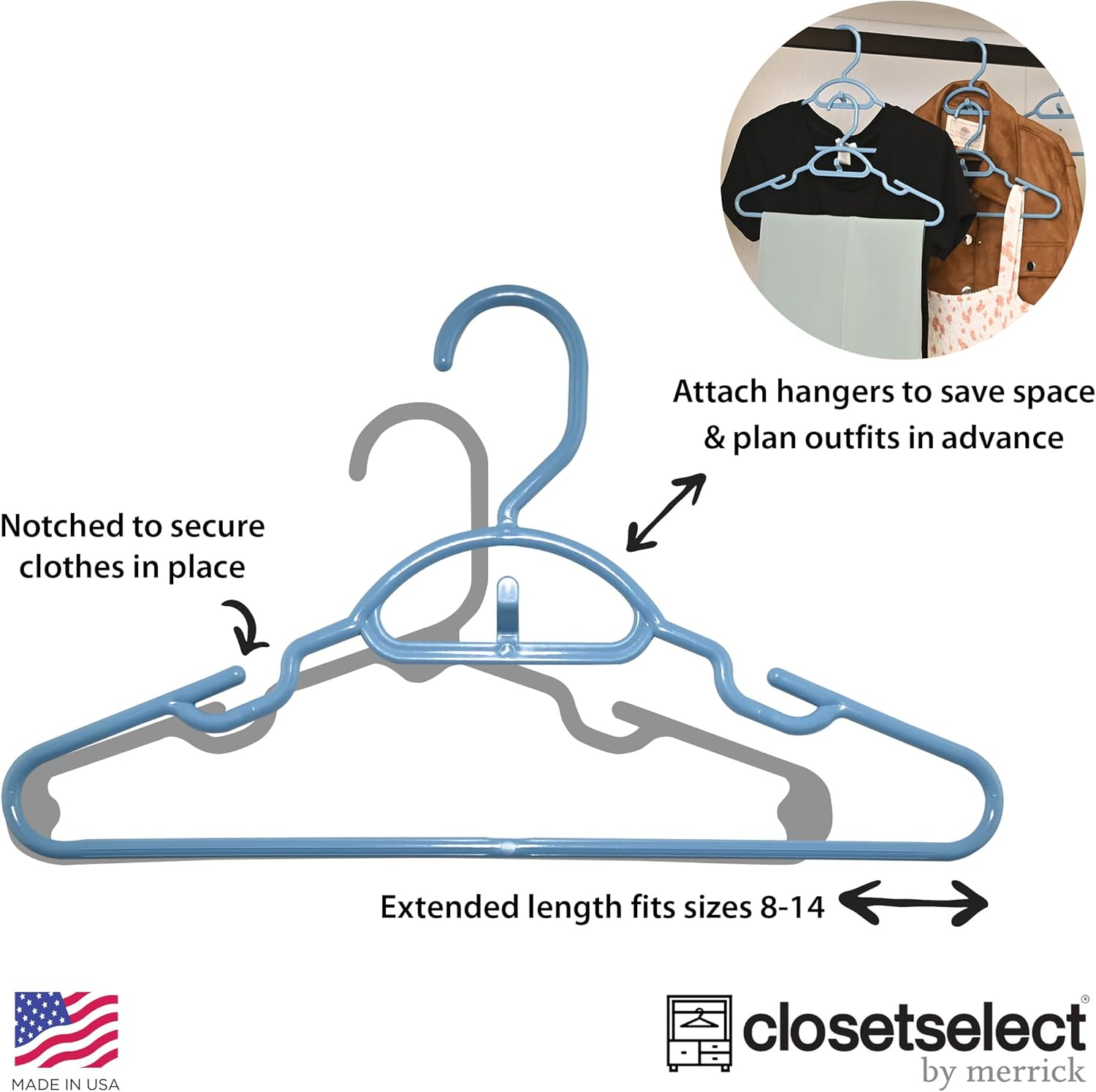 30 Pk Youth Petite Plastic Hangers, Medium Size Hangers, Petite, Preteen, Junior, Children Clothes Sizes 8 to 14, 30 Pack (Waltz Blue)