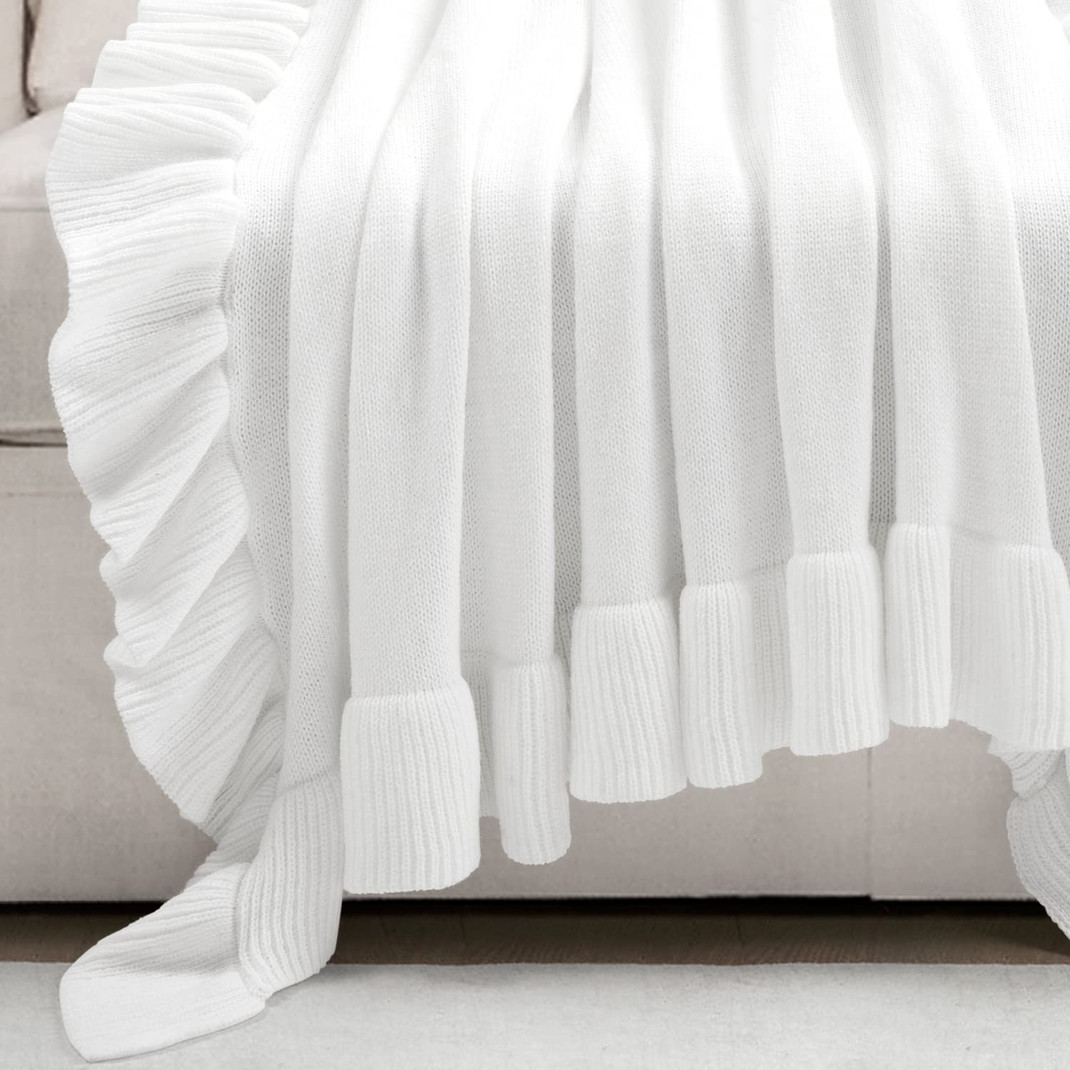 Lush Decor Reyna Soft Knitted Ruffle Throw White Single 50X60
