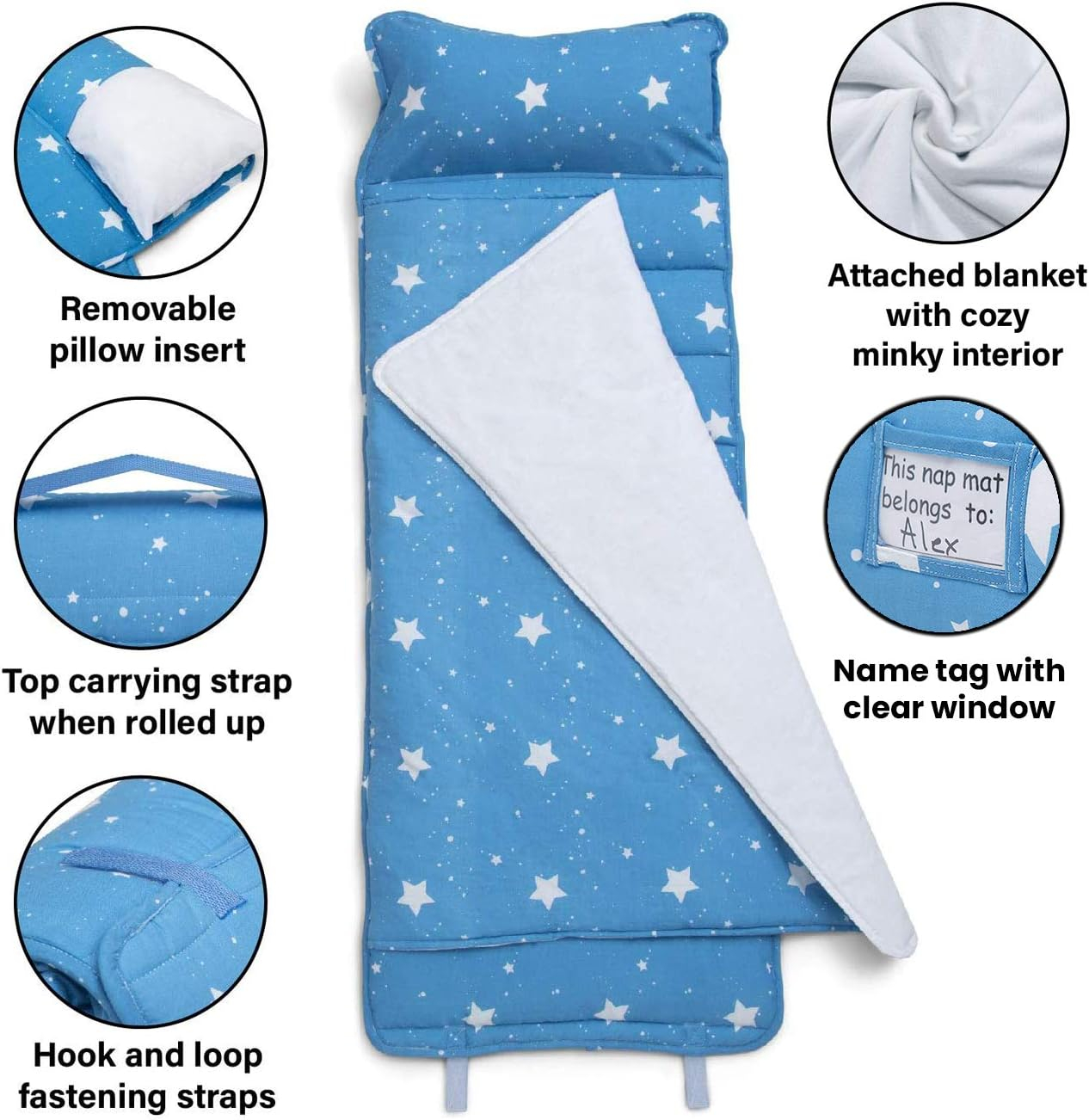 Delta Children Nap Mat with Included Pillow and Blanket for Toddlers and Kids | Features Carry Handle with Strap Closure | Rollup Design | Ideal for Preschool and Daycare, Deep Space