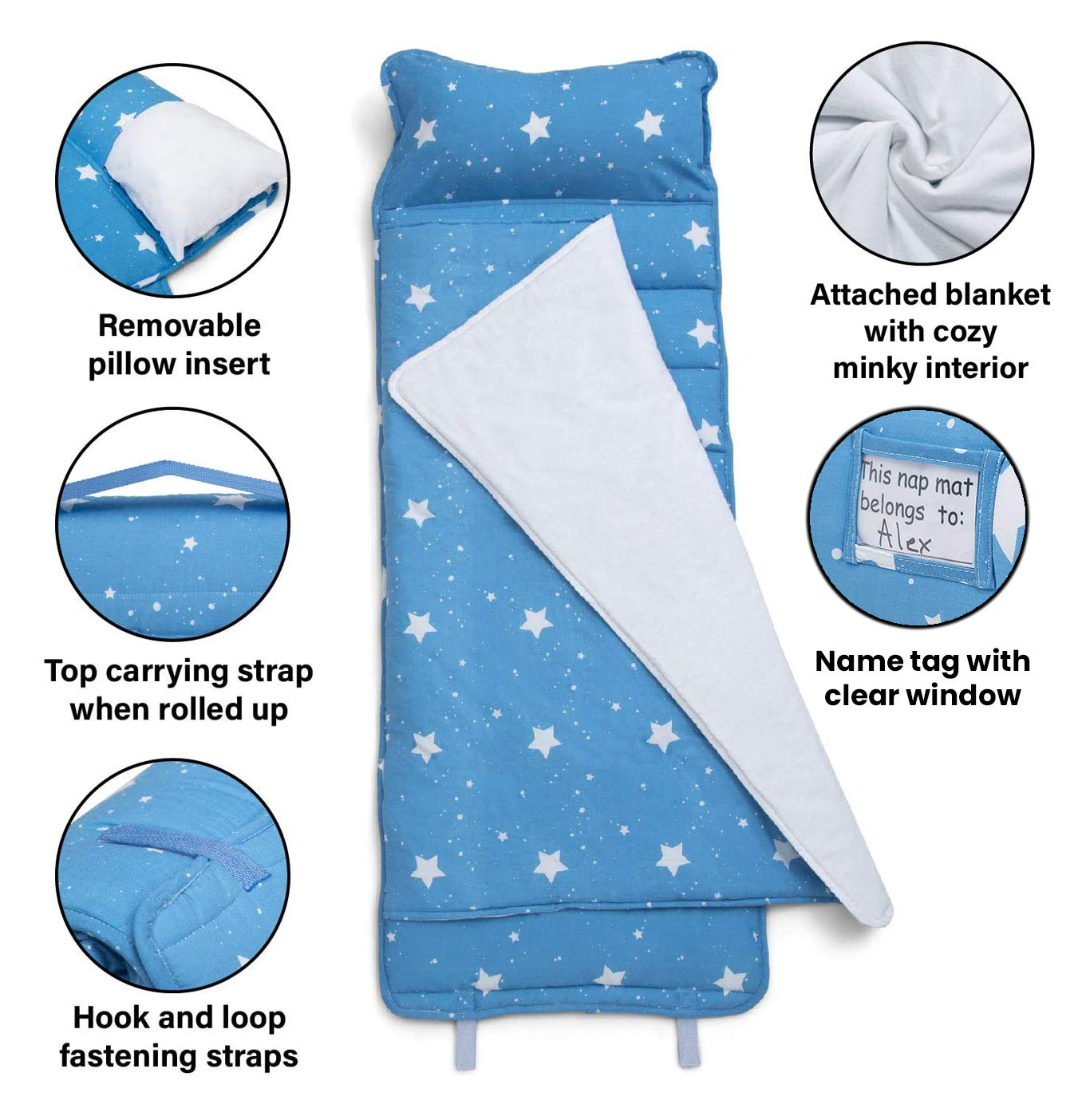 Delta Children Nap Mat with Included Pillow and Blanket for Toddlers and Kids | Features Carry Handle with Strap Closure | Rollup Design | Ideal for Preschool and Daycare, Deep Space