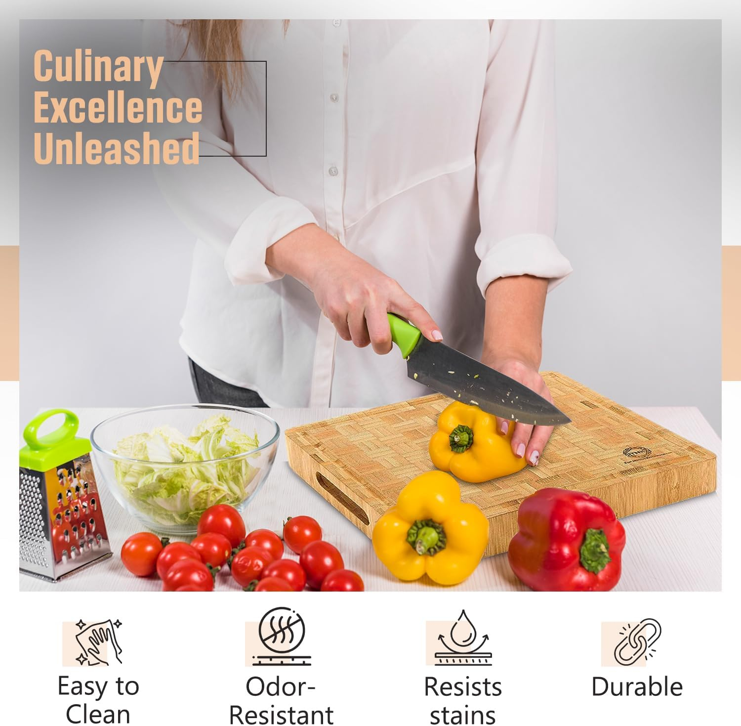 Small End Grain Bamboo Cutting Board | Professional, Antibacterial Butcher Block | NonSlip Rubber Feet by Top Notch Kitchenware
