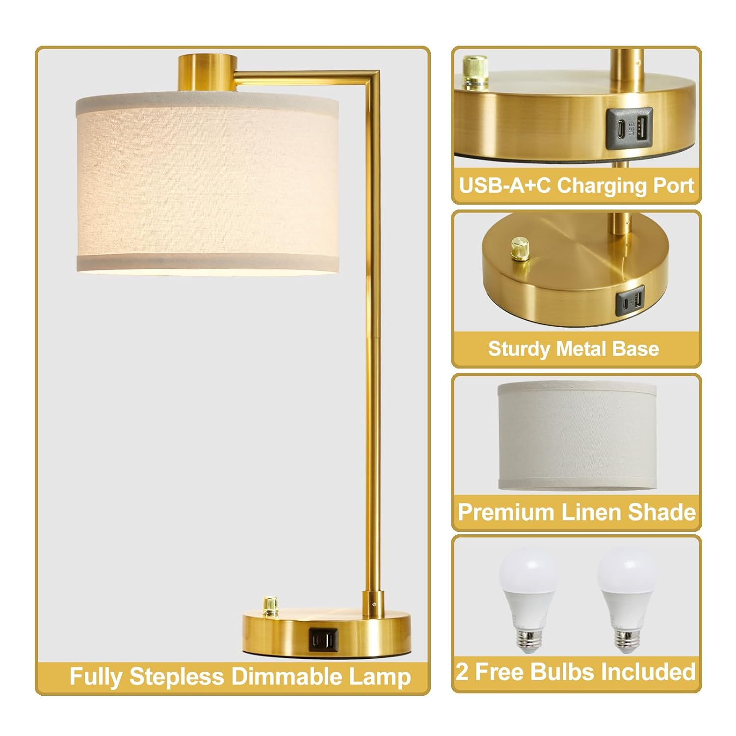 Table Lamp for Bedroom Set of 2 with USB C+A Ports, Fully Bedside Lamp with Linen Lampshade, Nightstand Lamp for Living Room Reading Office, 2 LED Bulbs Included (Gold)