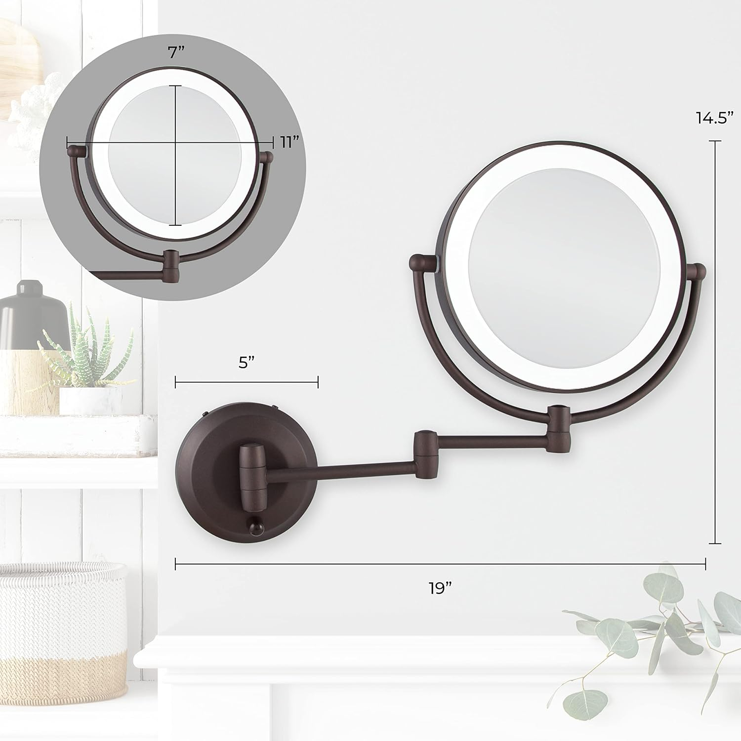Oil-Rubbed Bronze Round LED Wall Mounted Magnifying Mirror