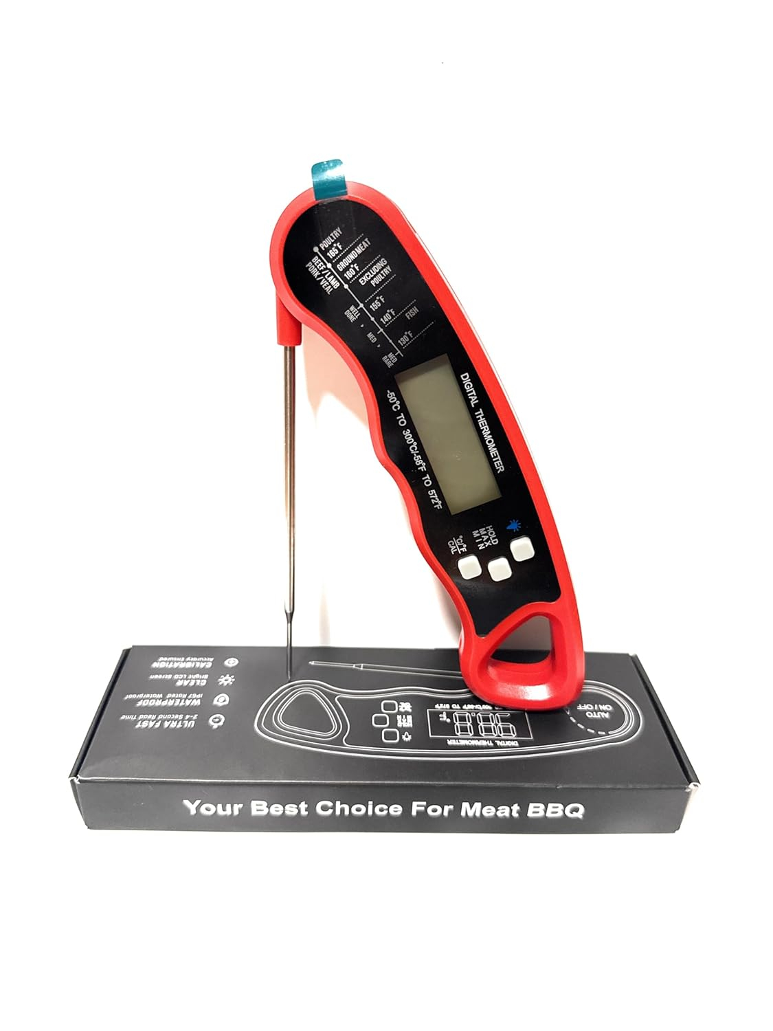 Digital Meat Thermometer for Grill/Cooking Fast Instant Read Waterproof Magnetic Probe Thermometer w/Backlight and Display for Kitchen, BBQ, Frying, etc. Chicken, Steak,or Burgers, Red