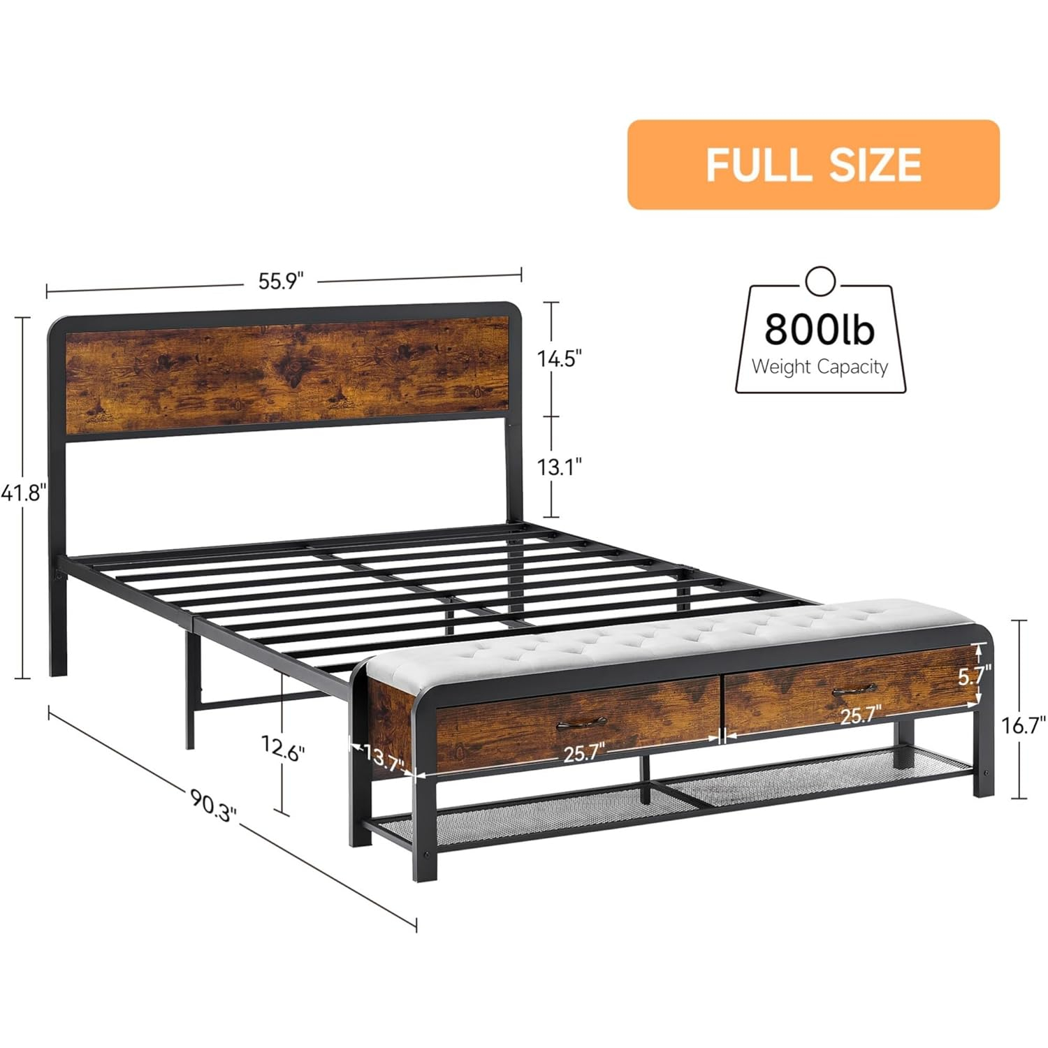 Alkmaar Full Size Platform Bed Frame with 2 Storage Drawers and Headboard, Bed Frame with Safe Rounded Corners & Strong Metal Slats Support, Mattress Foundation with Storage No Box Spring Needed