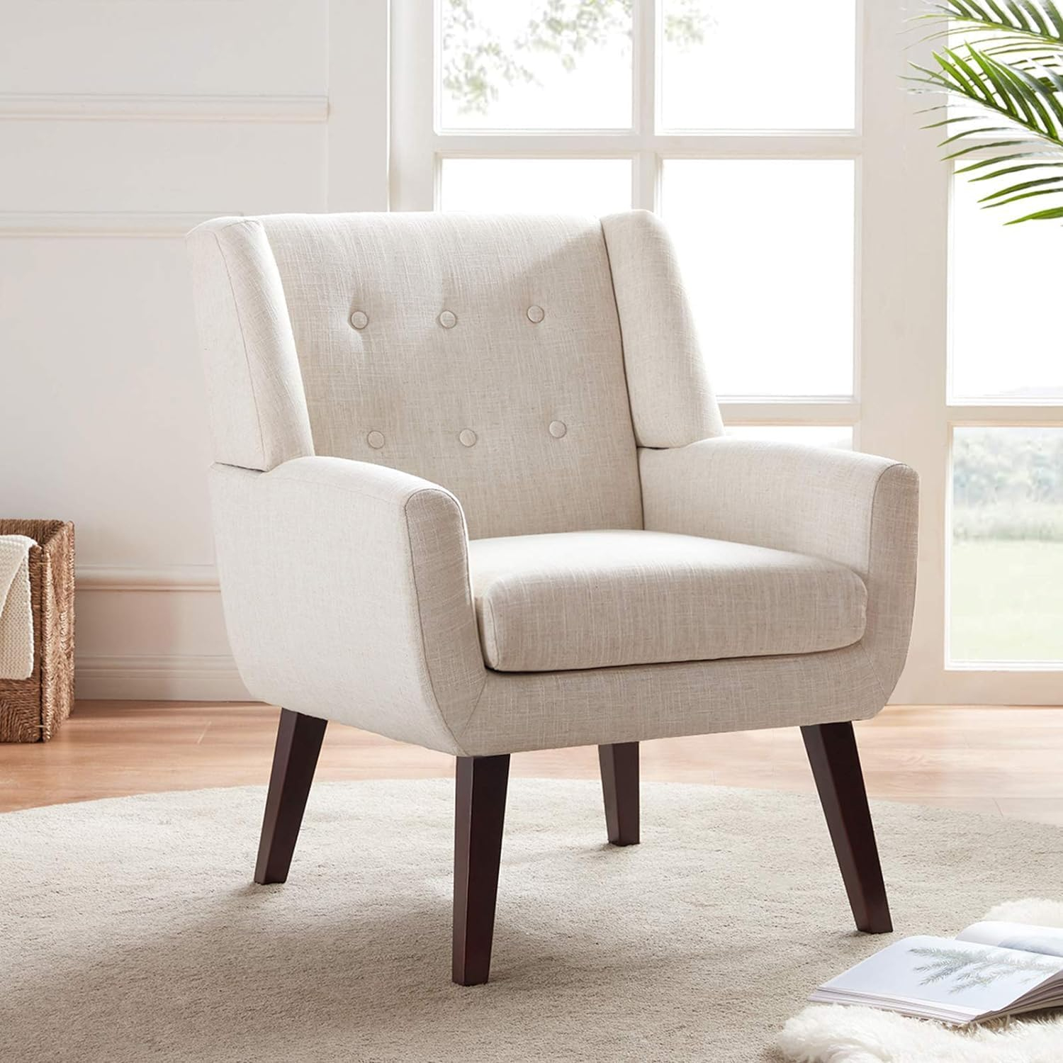 HUIMO Modern Linen Upholstered Armchair Tufted Accent Chair Beige