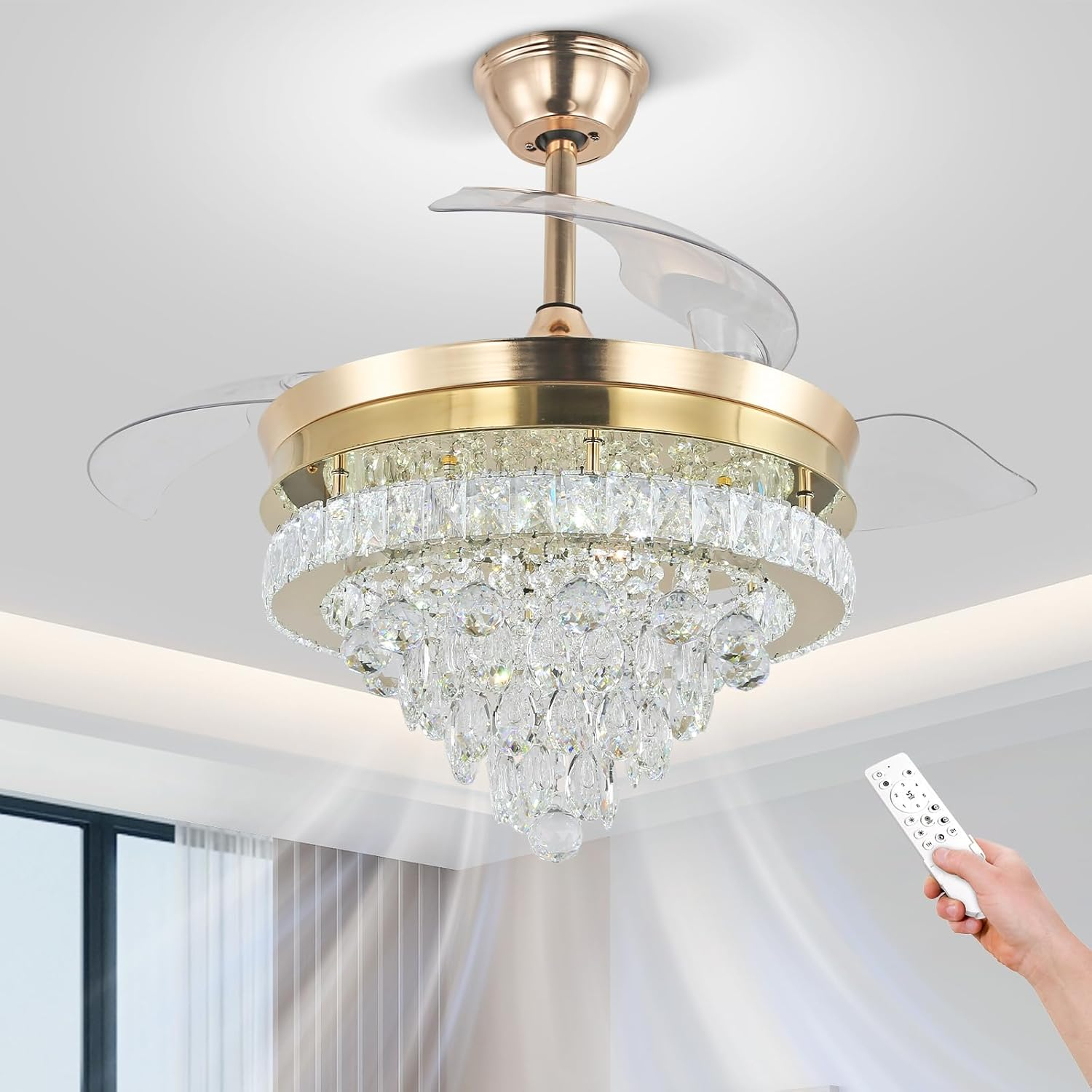 42 in. Indoor Gold Smart Retractable Crystal Ceiling Fan with Adjustable LED Light Included with Remote