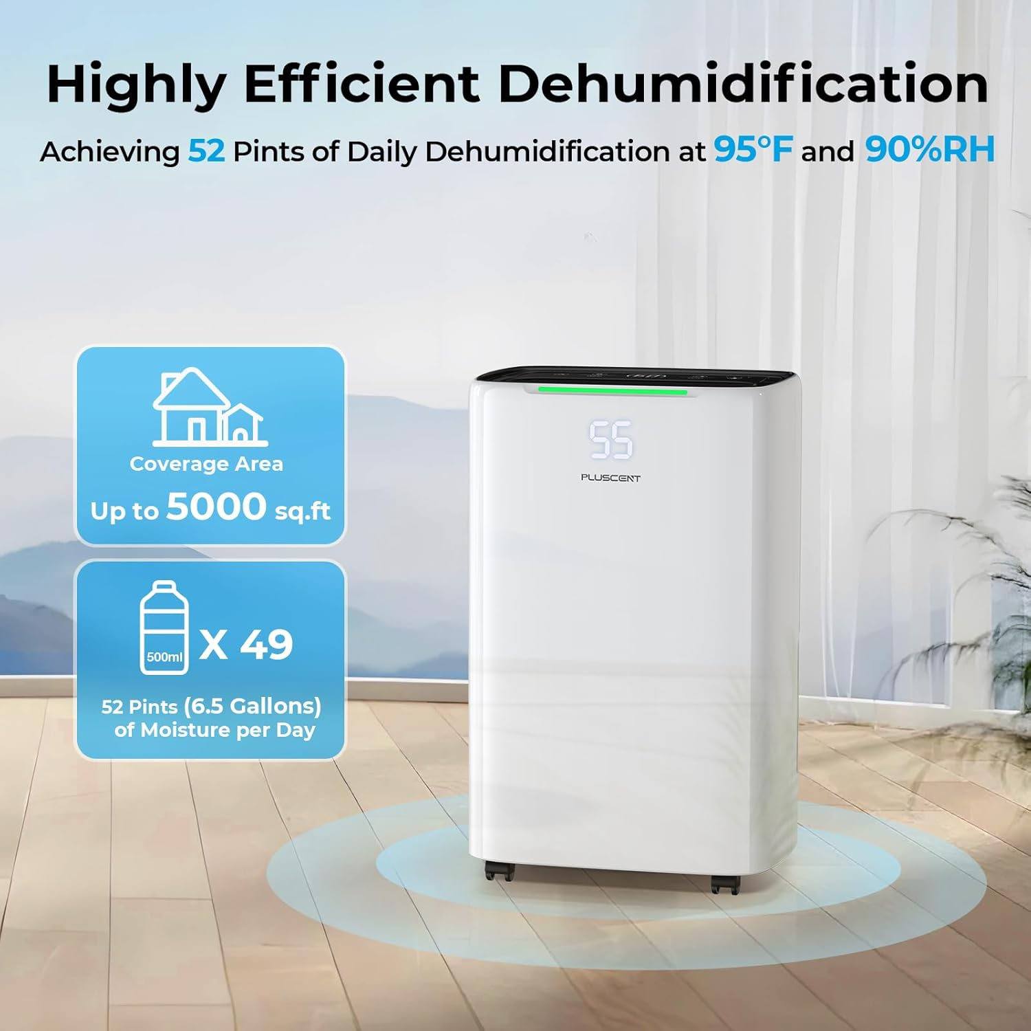 5000 Sq.Ft Energy Star Dehumidifier for Basement, 52 Pints Dehumidifiers for Home & Large Room with Drain Hose, Manual & Auto Drainage, 4 Modes, Intelligent Humidity Control, 24H Timer, Auto Defrost