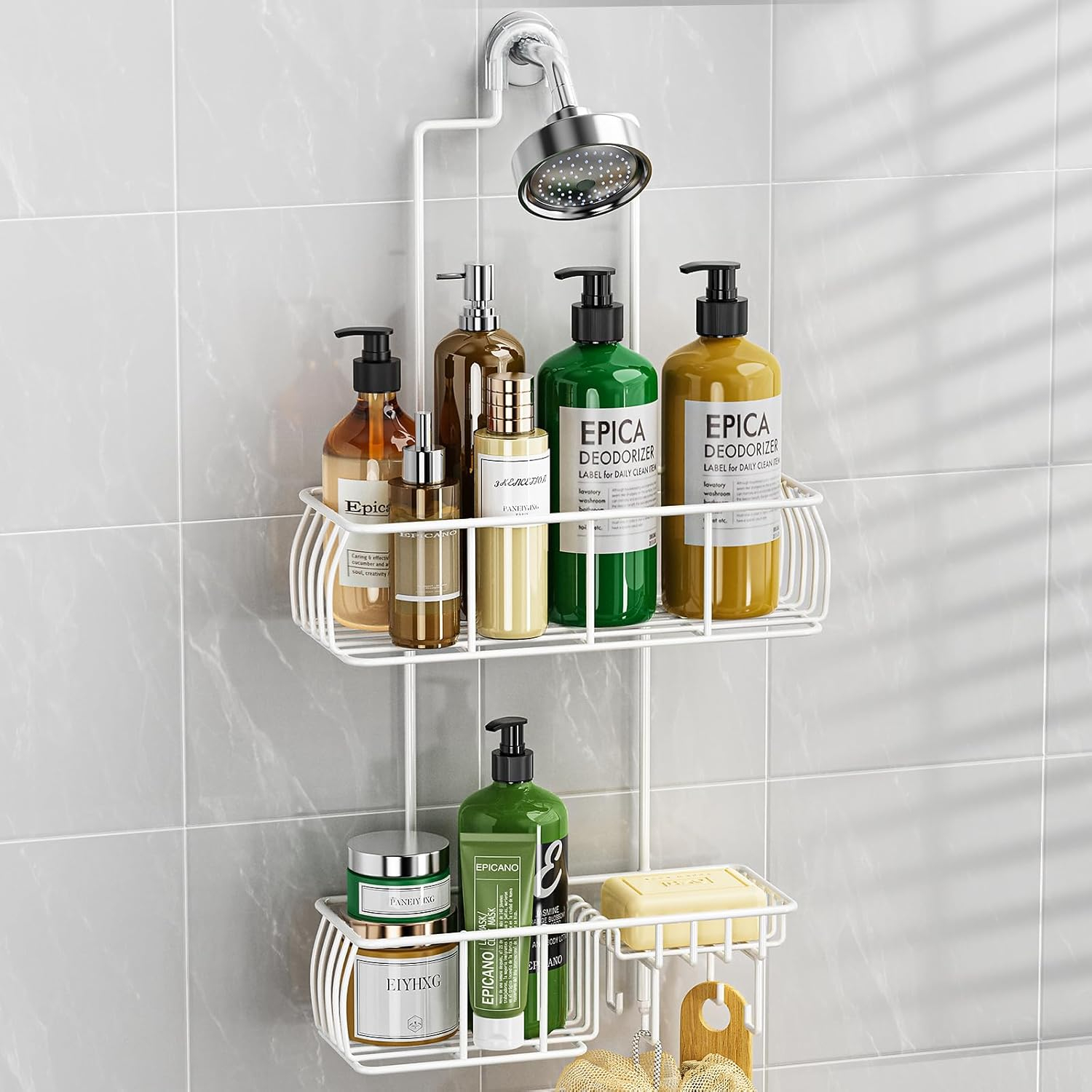 Epicano Shower Caddy Hanging, Anti-Swing Over Head Shower Caddy Rustproof with hooks for Towels, Sponge and more,White