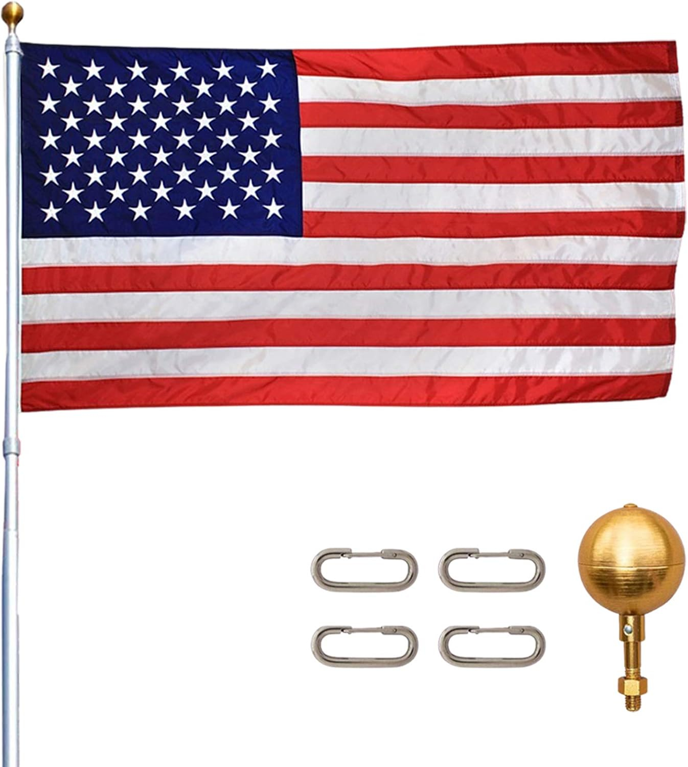 Titan Telescoping Flag Poles, 20ft Silver – Heavy Duty Flag Pole Kit, Includes Aluminum Telescoping Flag Pole, 4 x 6 American Flag, Hardware for 2 Flags and Detailed Installation Instructions
