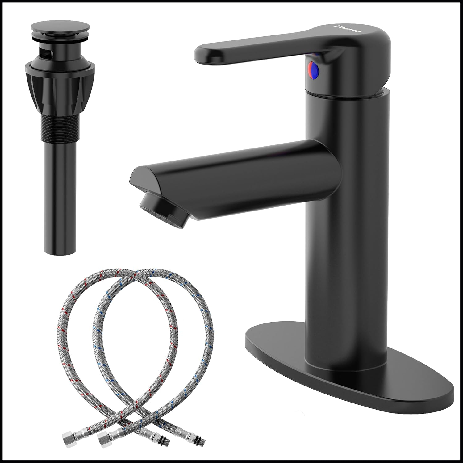Bathroom Sink Faucet One Hole,Lavatory Tap for Basin,Matte Black Bathroom Sink Faucet with Metal Pop Up Drain Assembly， Bathroom Faucet 1 Hole with 3 Hole Deck Plate