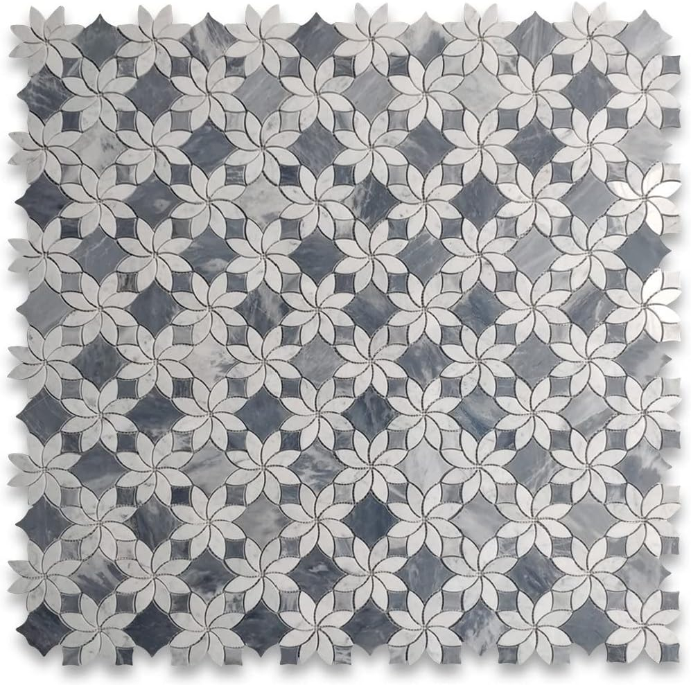 Stone Center Online Carrara White Marble Ice Flower Blossom Waterjet Mosaic Tile w/Bardiglio Gray Polished Kitchen Bath Wall Floor Backsplash Shower (1 Sheet)