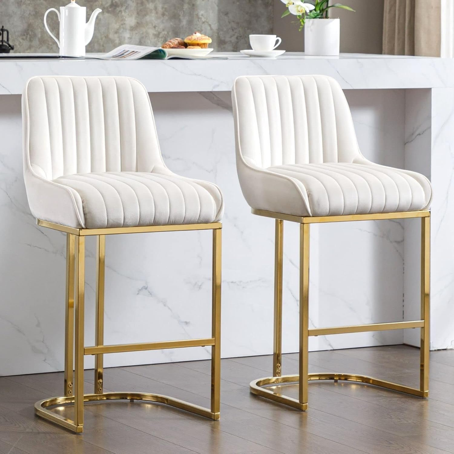 Counter Height Stools Set of 2, Velvet Bar Stools with 27 Inches Upholstered Seat Height, Handmade Woven Back Armrest, Sturdy Golden Metal Legs for Home Dining Pub Kitchen Island, Beige